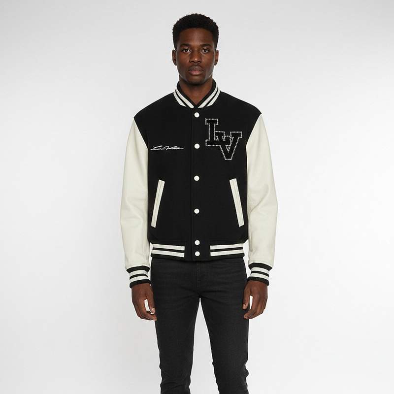 Pre Owned Louis Vuitton Black Wool and Leather Blouson Varsity Jacket L