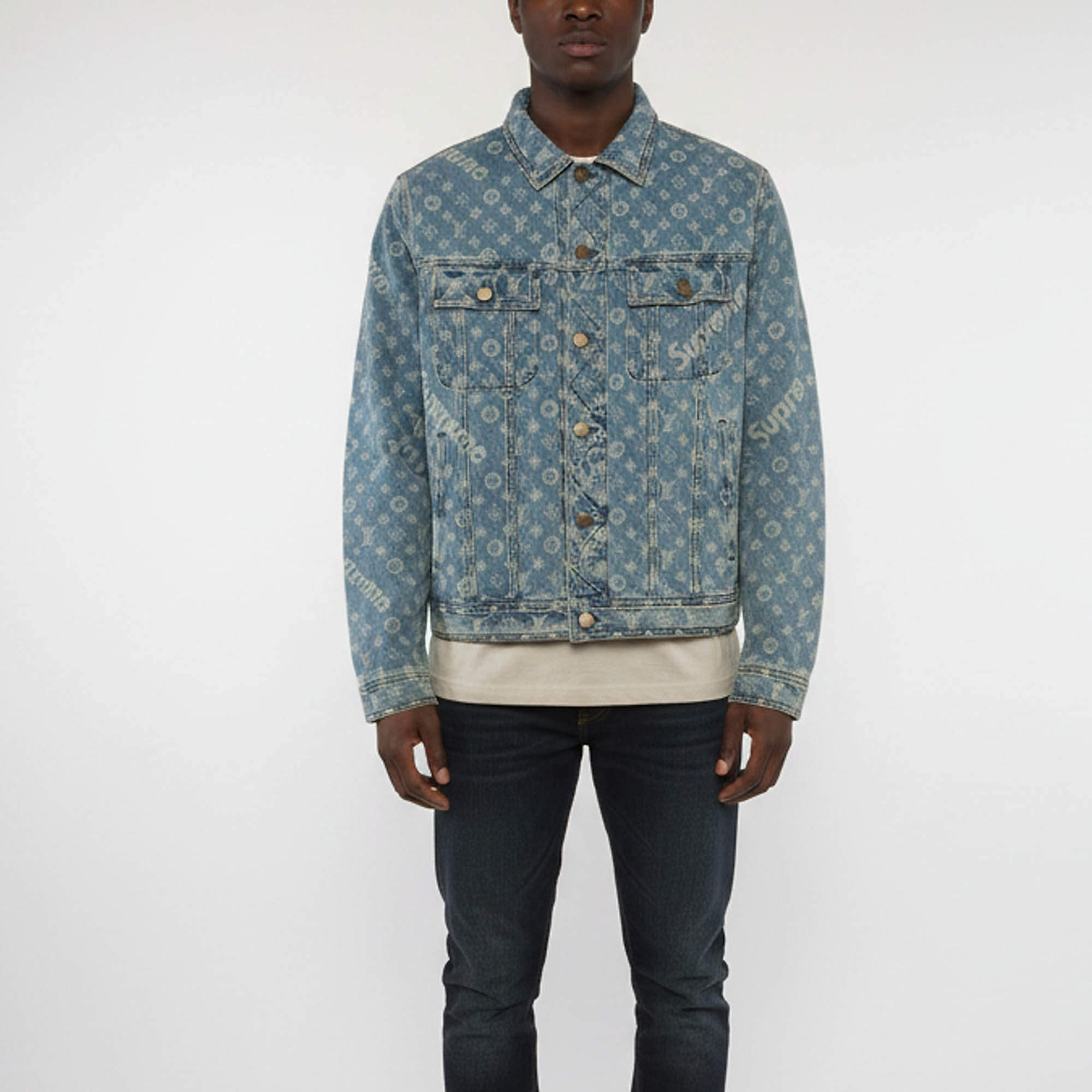 Pre Owned Louis Vuitton X Supreme Blue Denim Monogram Jacquard Trucker Jacket XXXL