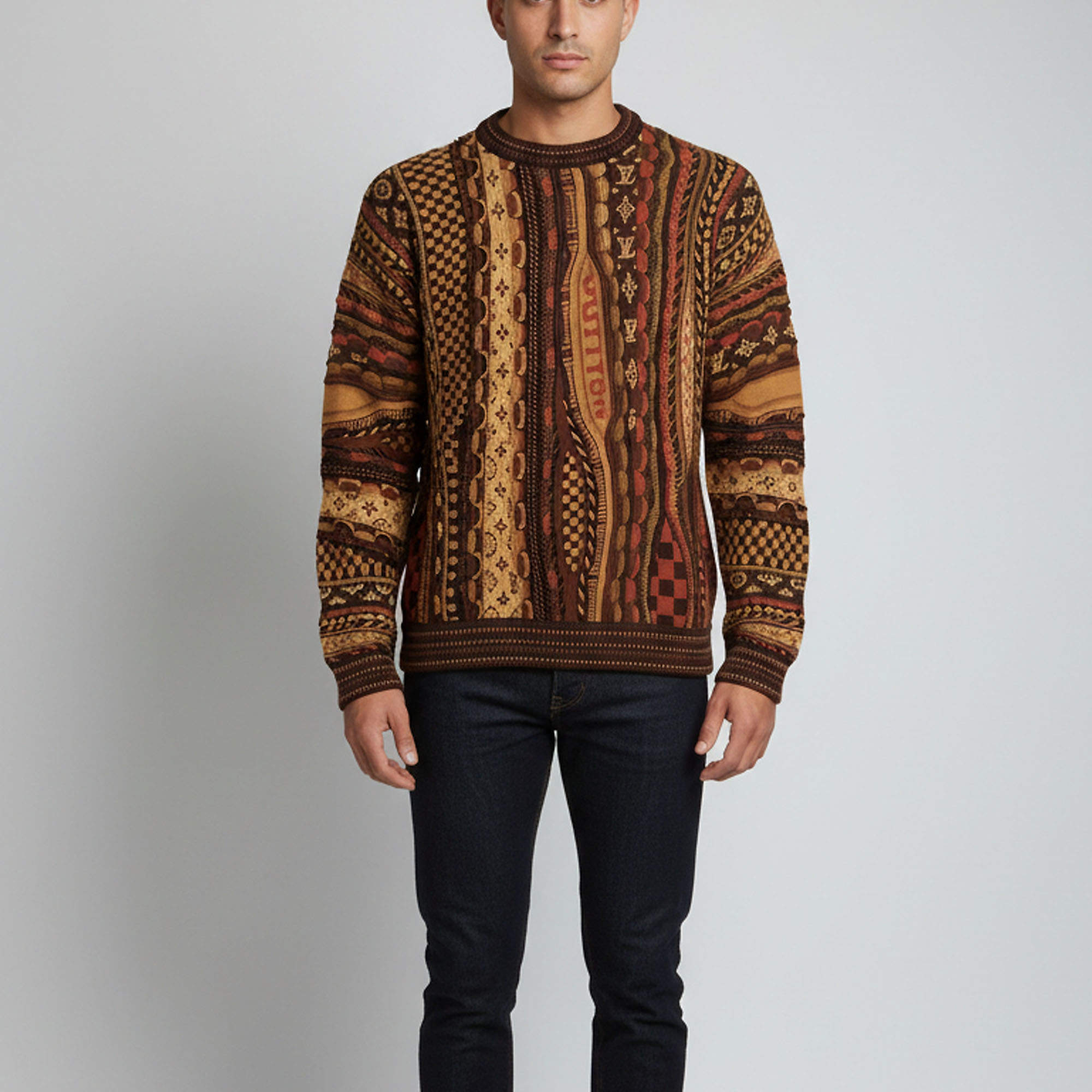 Pre Owned Louis Vuitton Brown Jacquard Knit Crewneck Sweater M