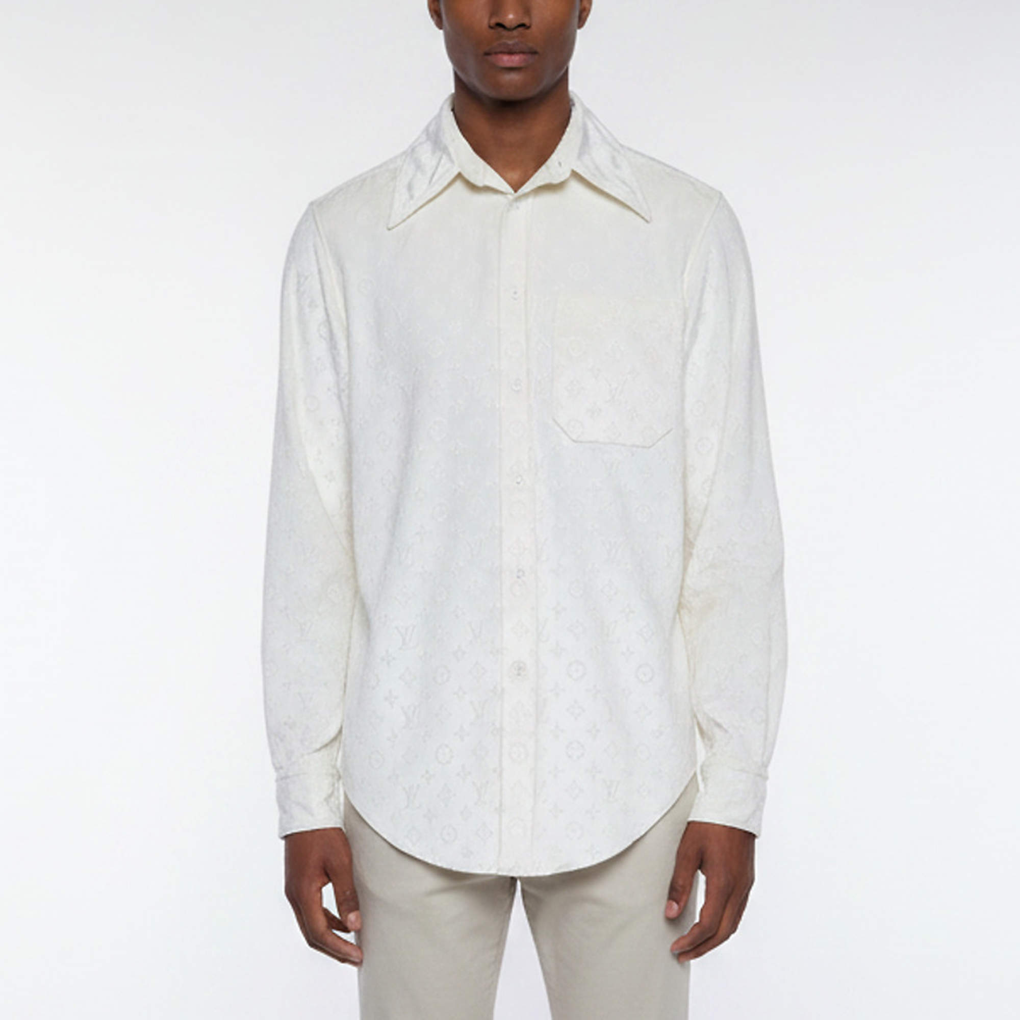 Pre Owned Louis Vuitton Off White Monogram Embossed Velvet Long Sleeve Shirt M