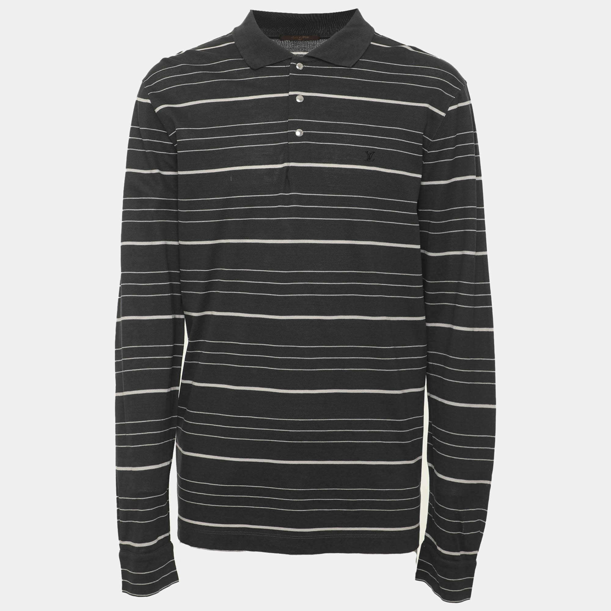 Pre Owned Louis Vuitton Grey/White Striped Cotton Long Sleeve Polo Shirt XL
