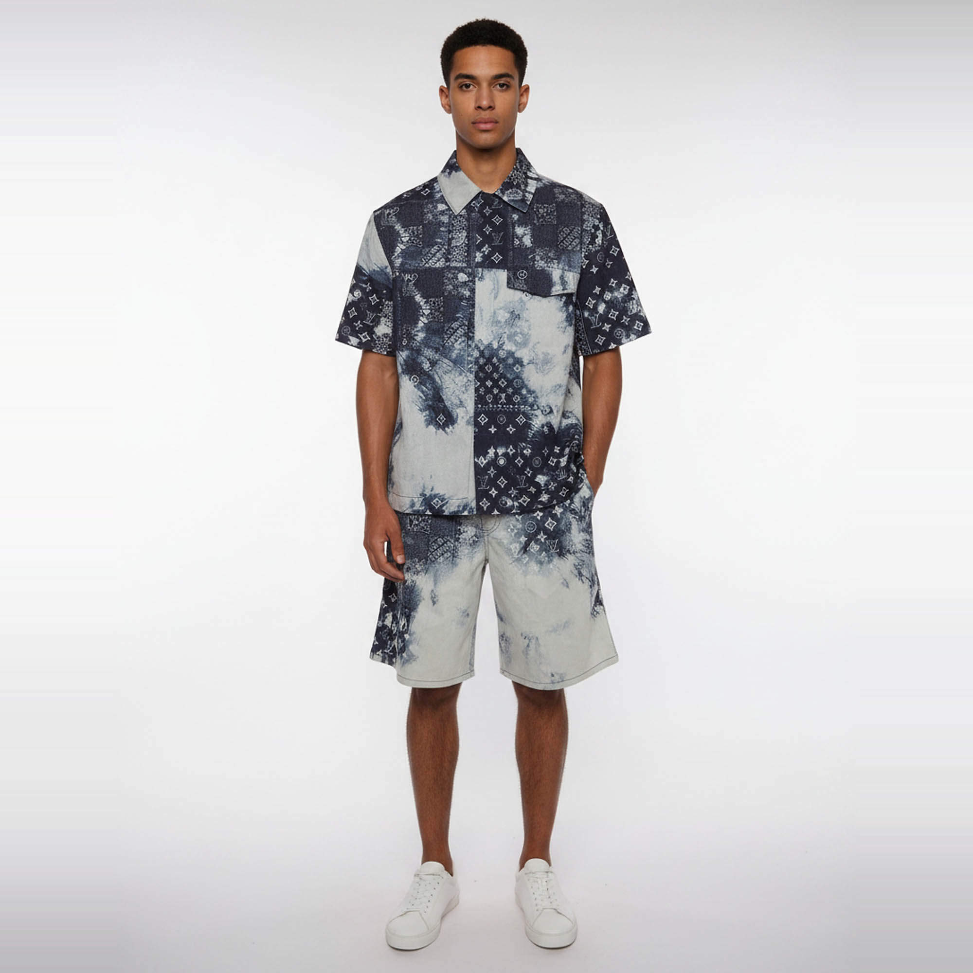 Pre Owned Louis Vuitton Blue Monogram Bandana Denim Short Sleeve Shirt & Shorts Set S