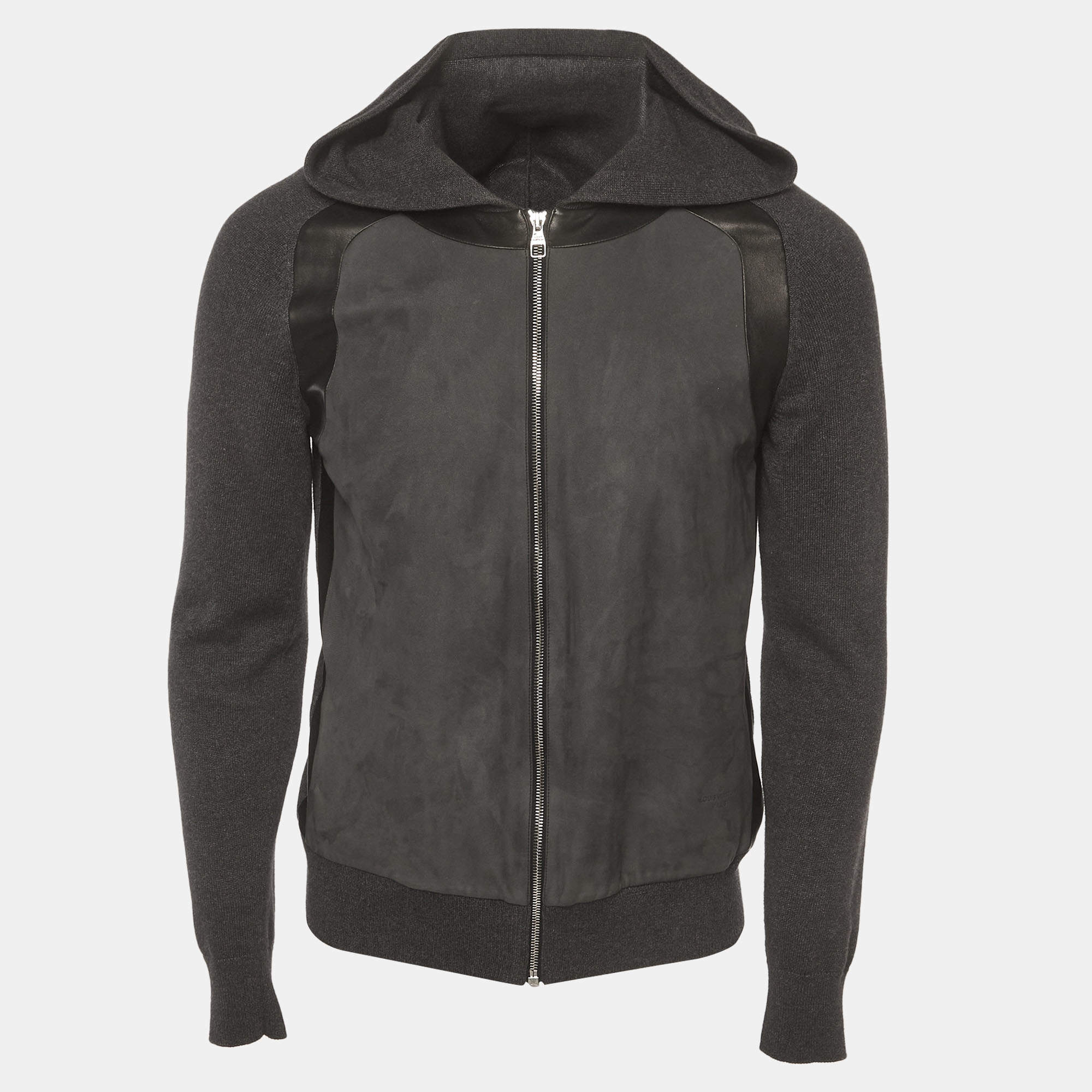 Pre Owned Louis Vuitton Grey Suede and Knit Zip-Up Hoodie S