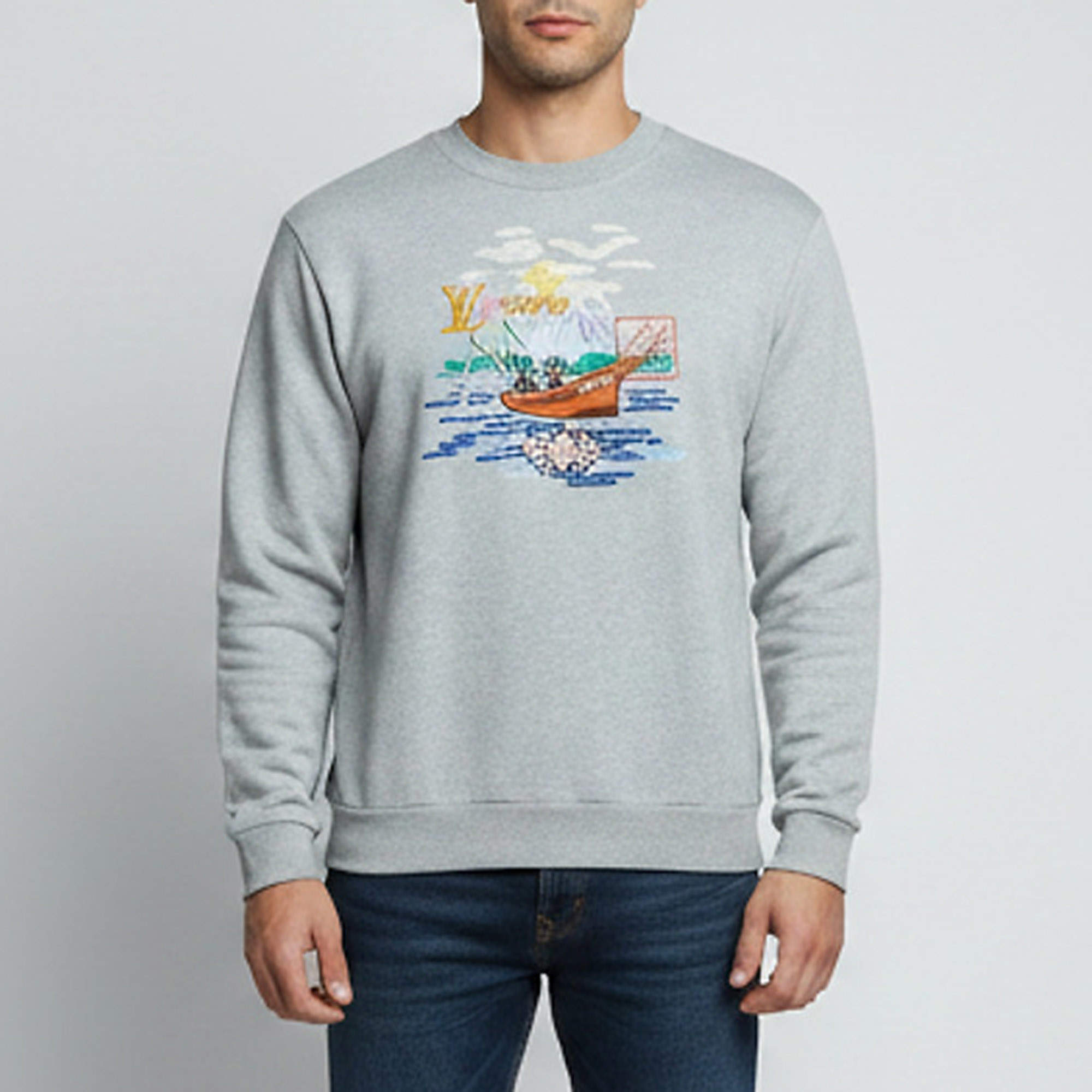 Pre Owned Louis Vuitton Grey Logo Embroidered Cotton Crewneck Sweatshirt M