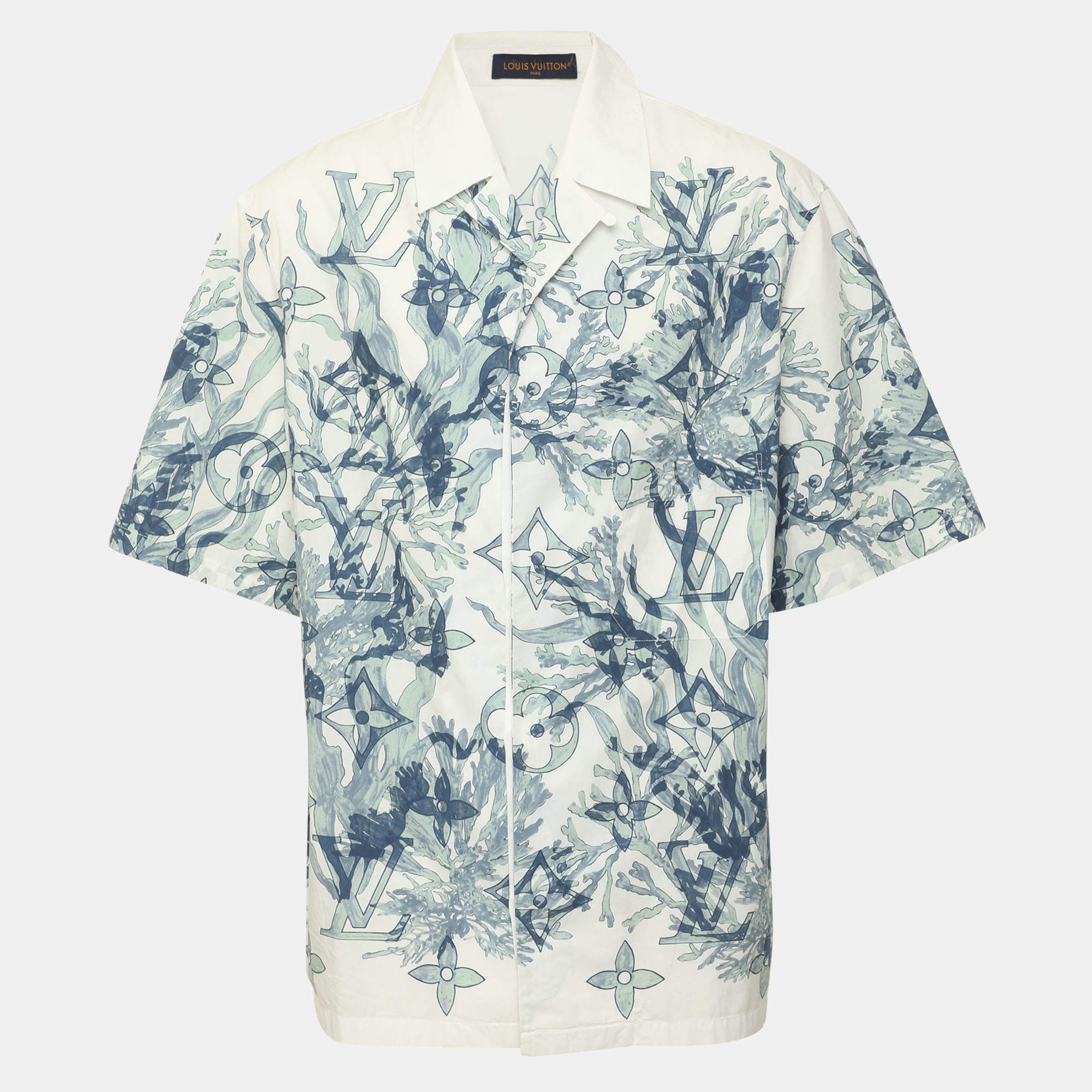 Pre Owned Louis Vuitton White Green Monogram Aquagarden Poplin Short Sleeved Shirt M