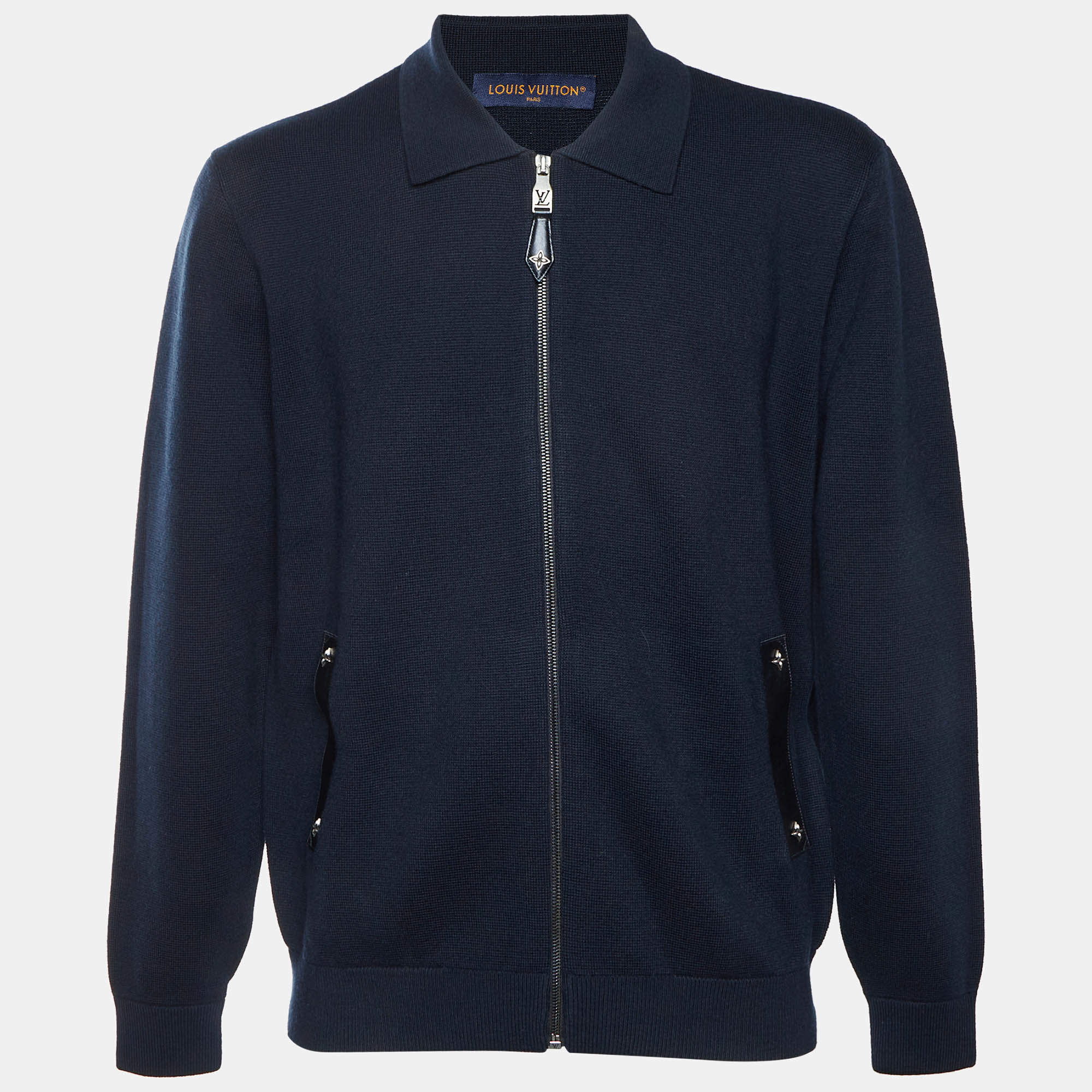 مملوكة مسبقًا Louis Vuitton Midnight Blue Wool Knit Leather Detail Blouson L