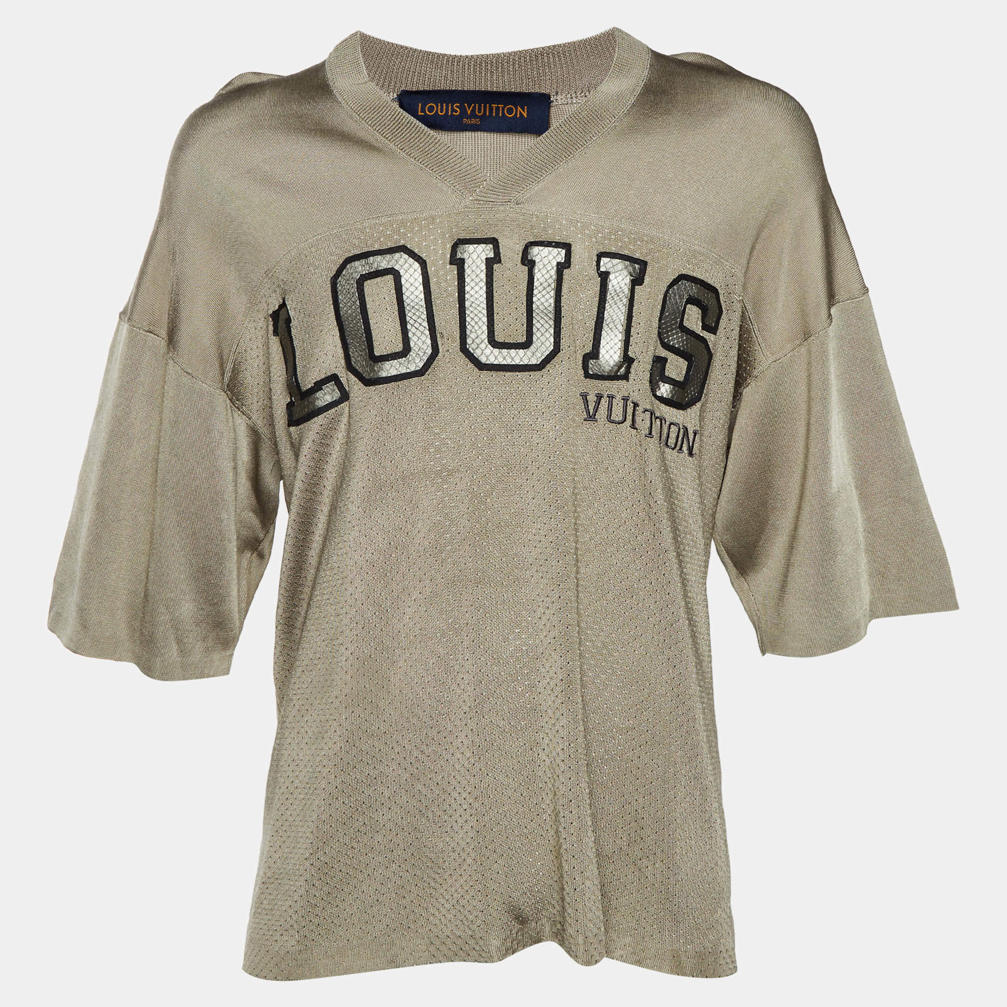 Pre Owned Louis Vuitton Greige Jersey Leather Logo Detail Varsity T-Shirt M