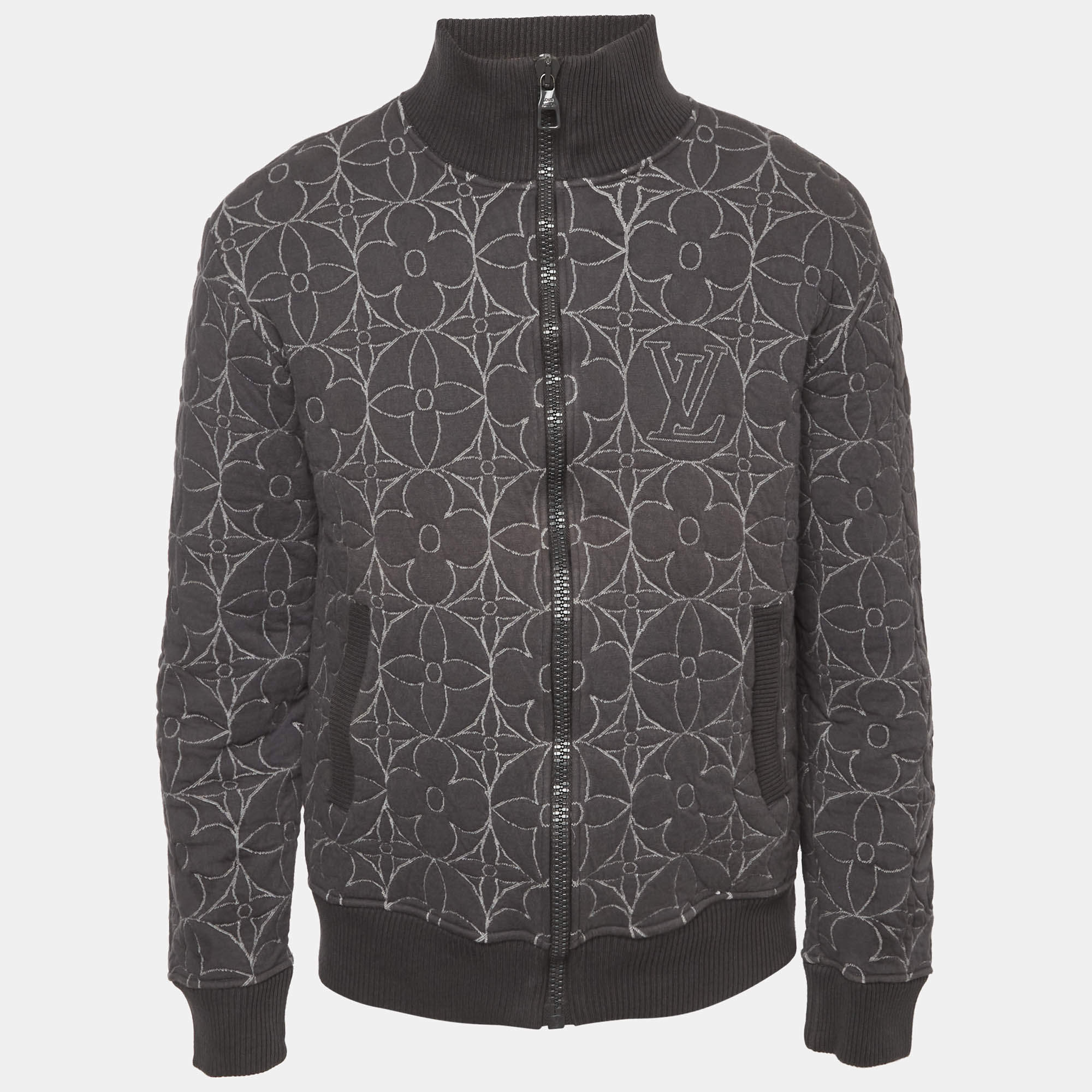 Pre Owned Louis Vuitton Grey Monogram Flower Quilted Zip-Up Jacket L