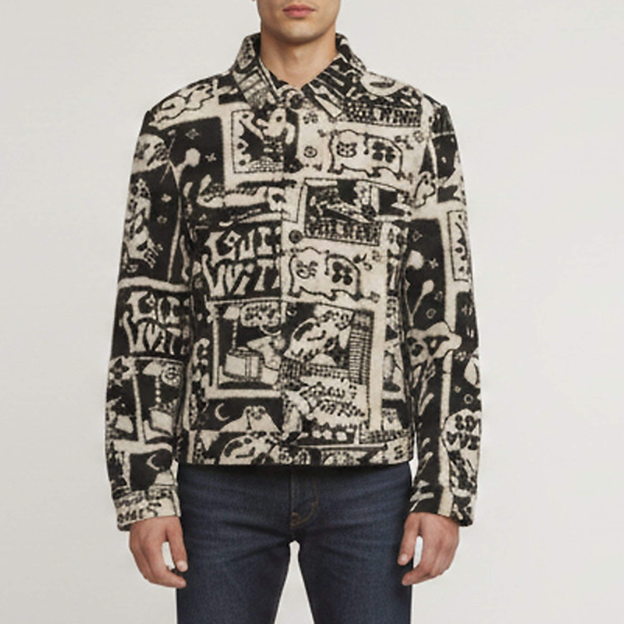 Pre Owned Louis Vuitton Monochrome LV Comics Wool Blend Trucker Jacket XL