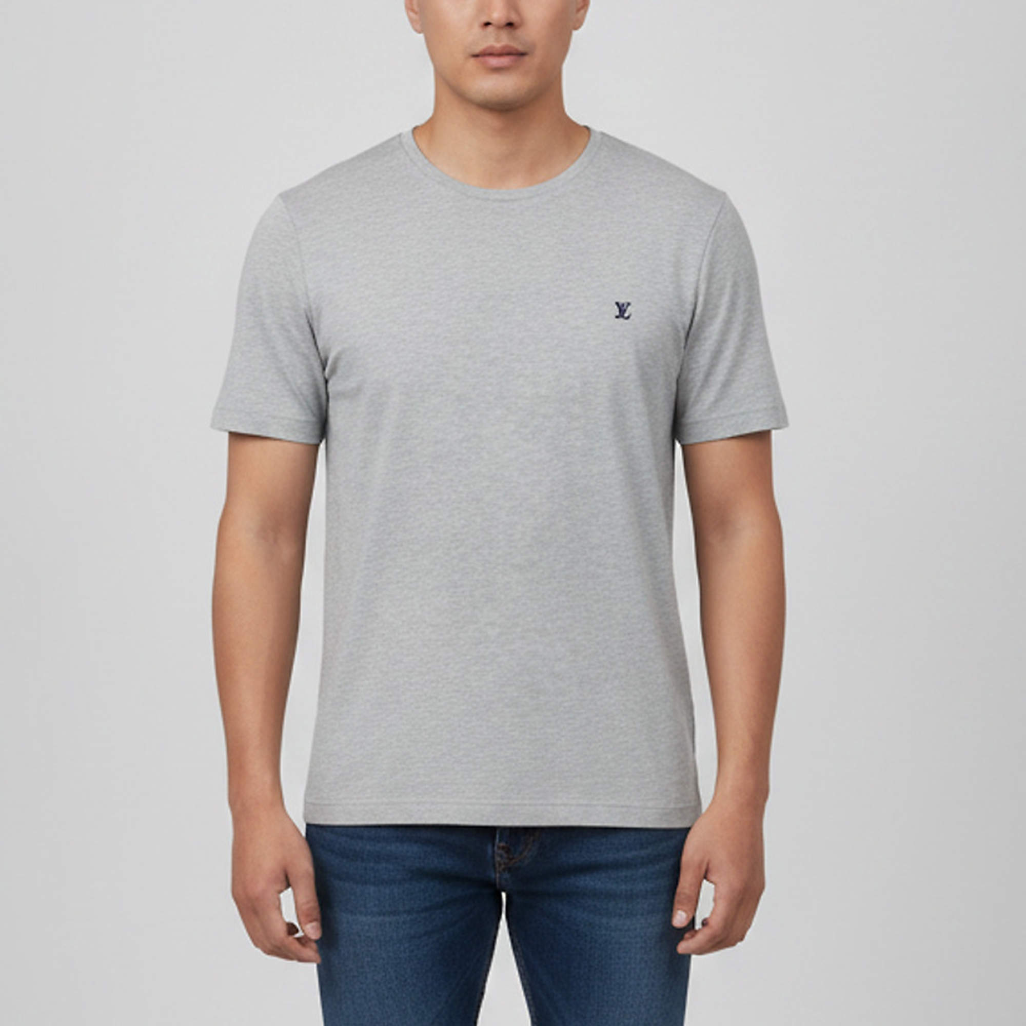 Pre Owned Louis Vuitton Grey Logo Embroidered Jersey Crewneck T-Shirt L