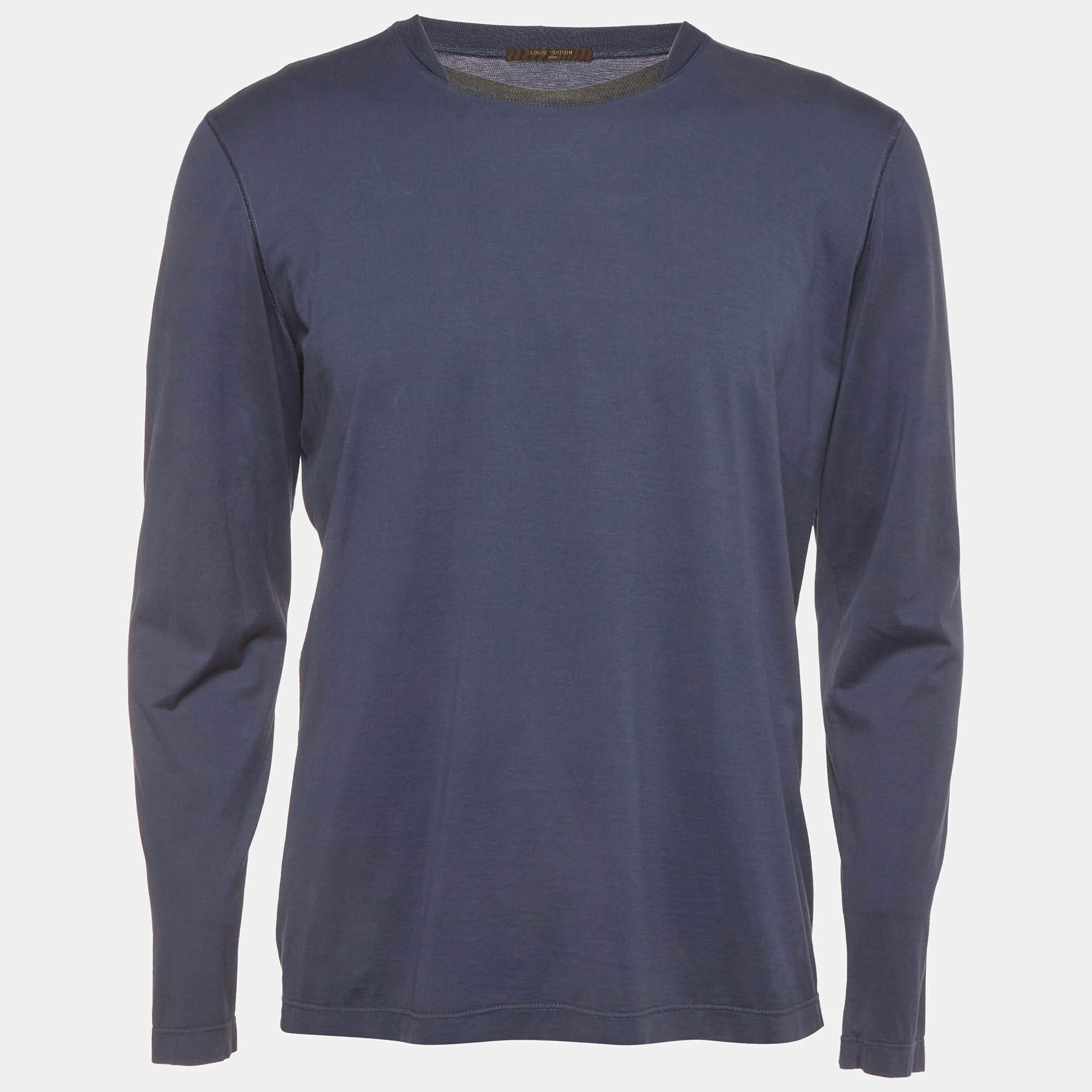 Pre Owned Louis Vuitton Navy Blue Logo Appliqué Jersey Long Sleeved T-Shirt M