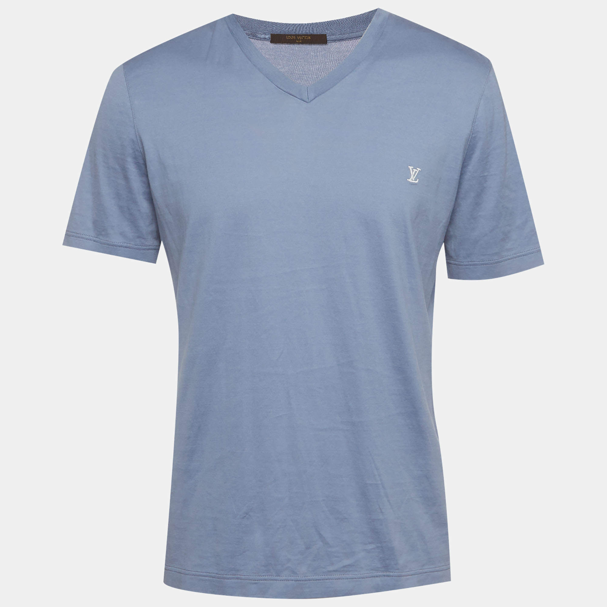 Pre Owned Louis Vuitton Blue Logo Embroidery Jersey V- Neck T-Shirt XL 