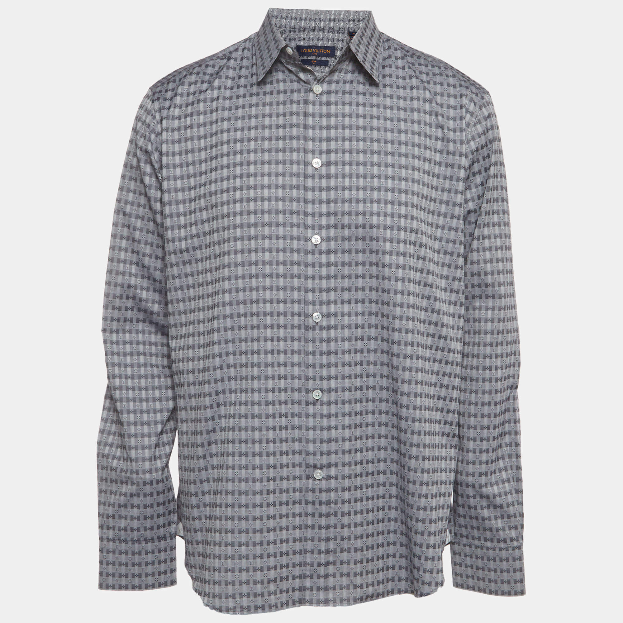 Pre Owned Louis Vuitton Grey Monogram Check Cotton Slim Fit Shirt XL