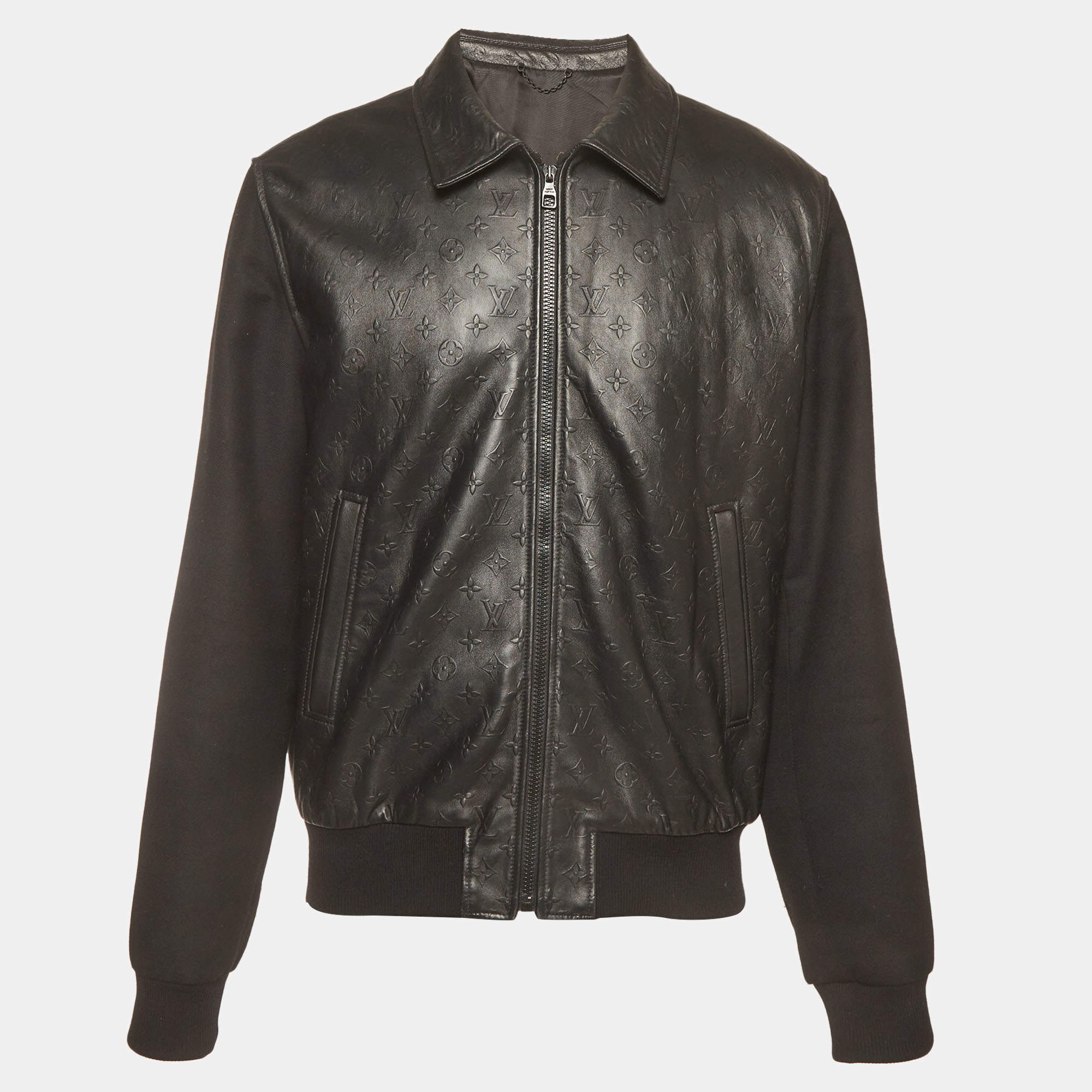 Pre Owned Louis Vuitton Black Debossed Monogram Leather Zip-Up Jacket XL