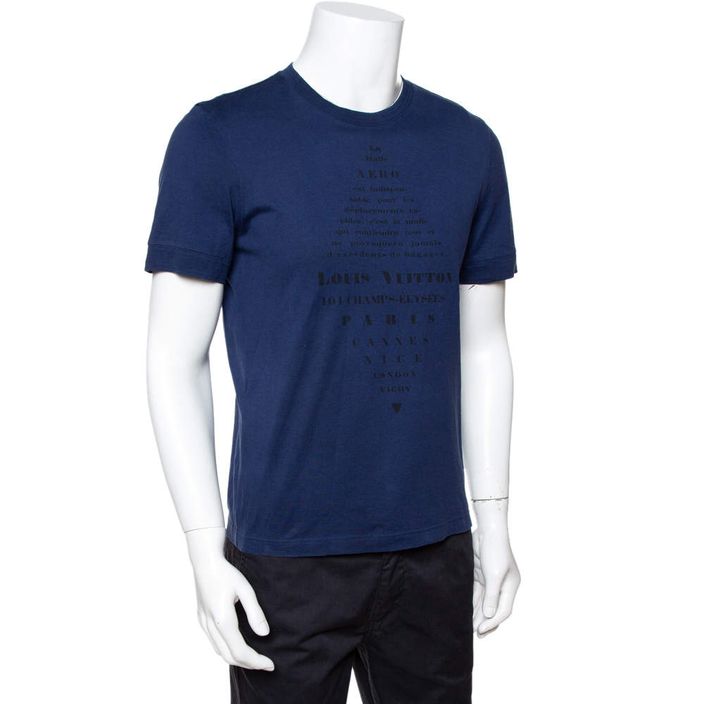 Louis Vuitton Navy Blue Printed Cotton & Silk Malle Aero T-Shirt S