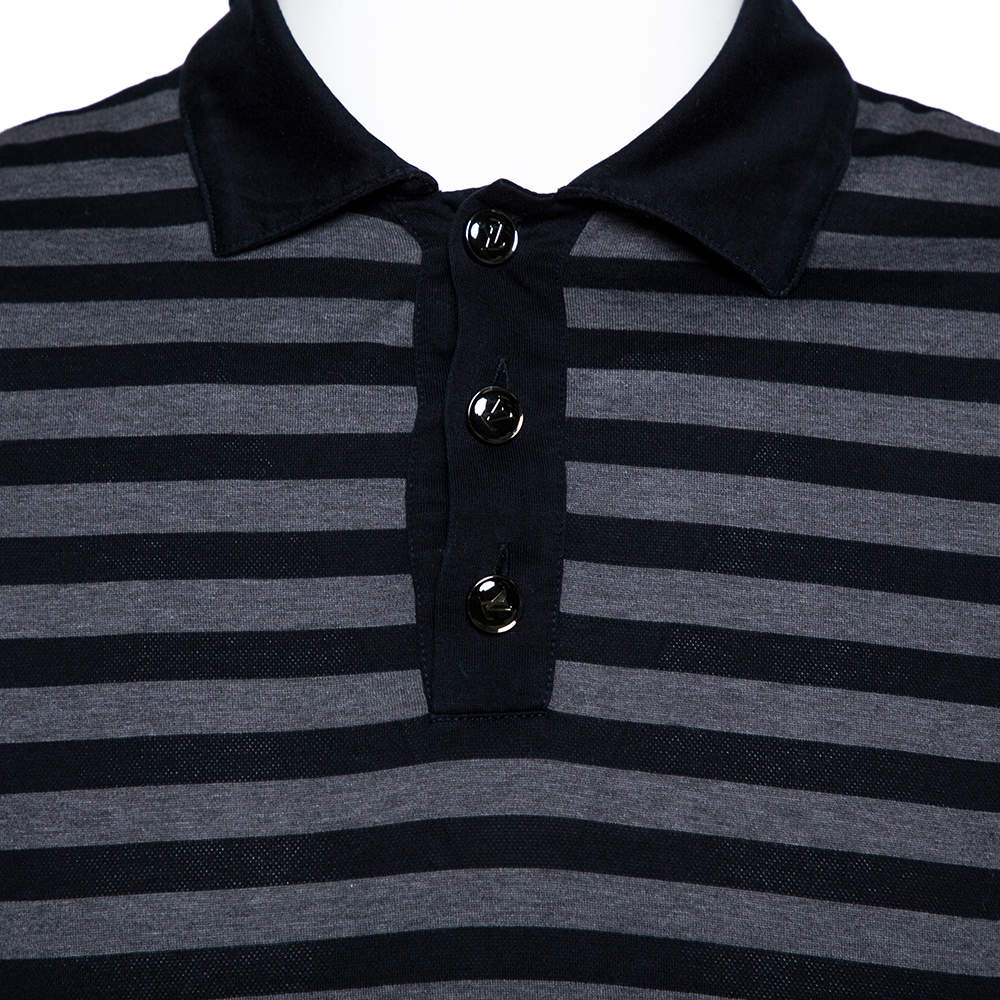 Louis Vuitton Navy Blue & Grey Striped Cotton Polo T-Shirt S Louis Vuitton