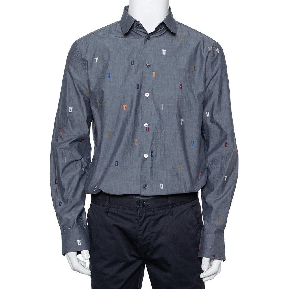 مملوكة مسبقًا Louis Vuitton Grey Cotton Fil Coupé Detail DNA Collared Shirt M