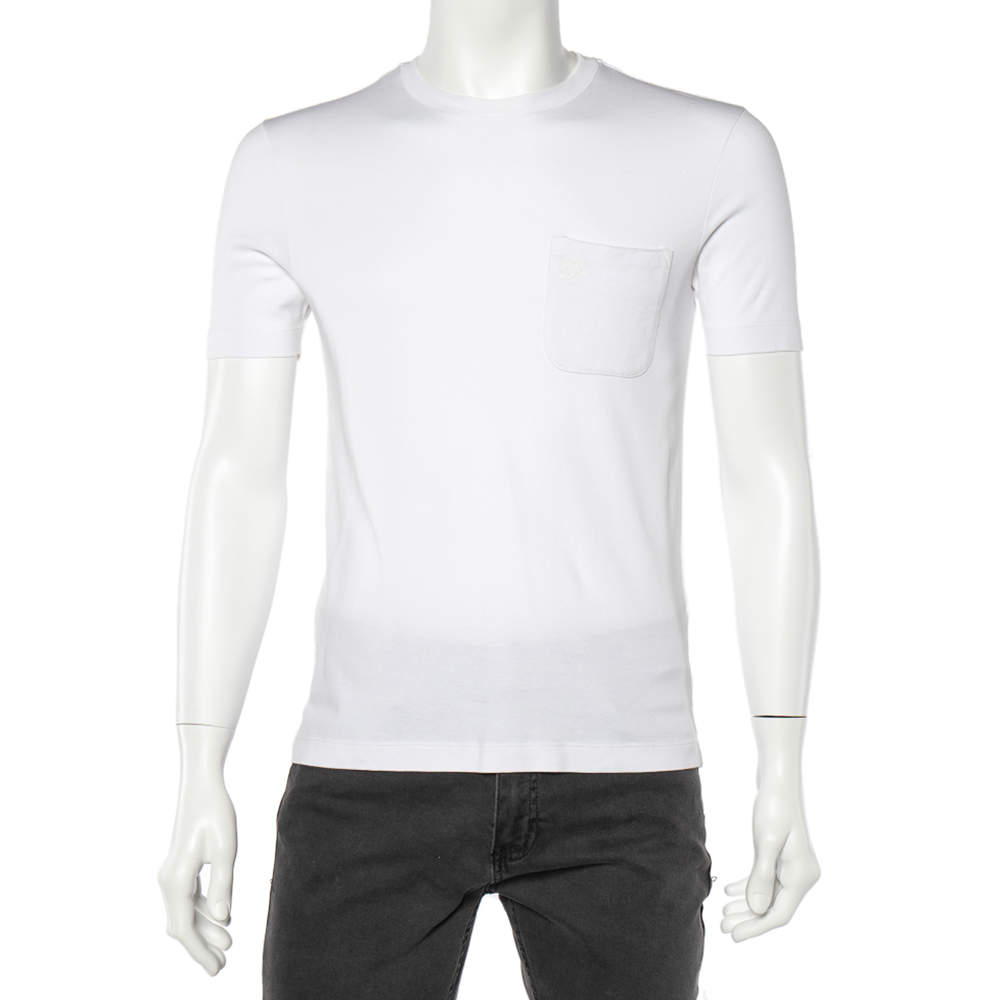مملوكة مسبقً�ا Louis Vuitton White Cotton Damier Pocket Detail Crewneck T-Shirt XS