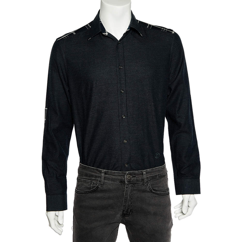 Louis Vuitton Black Cotton & Checkered Paneled Button Front Shirt S