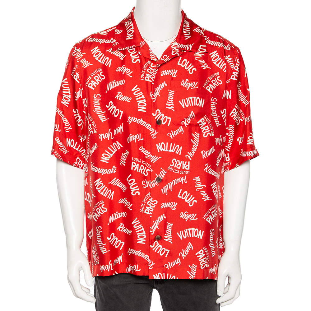 Louis Vuitton Red City Logo Printed Silk Hawaiian Shirt XXL