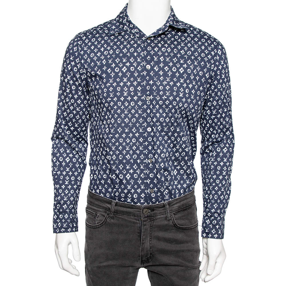 Pre Owned قميص لوي فيتون أزرار أمامية قطن طباعة شعار أزرق انديغو مقاس صغير
