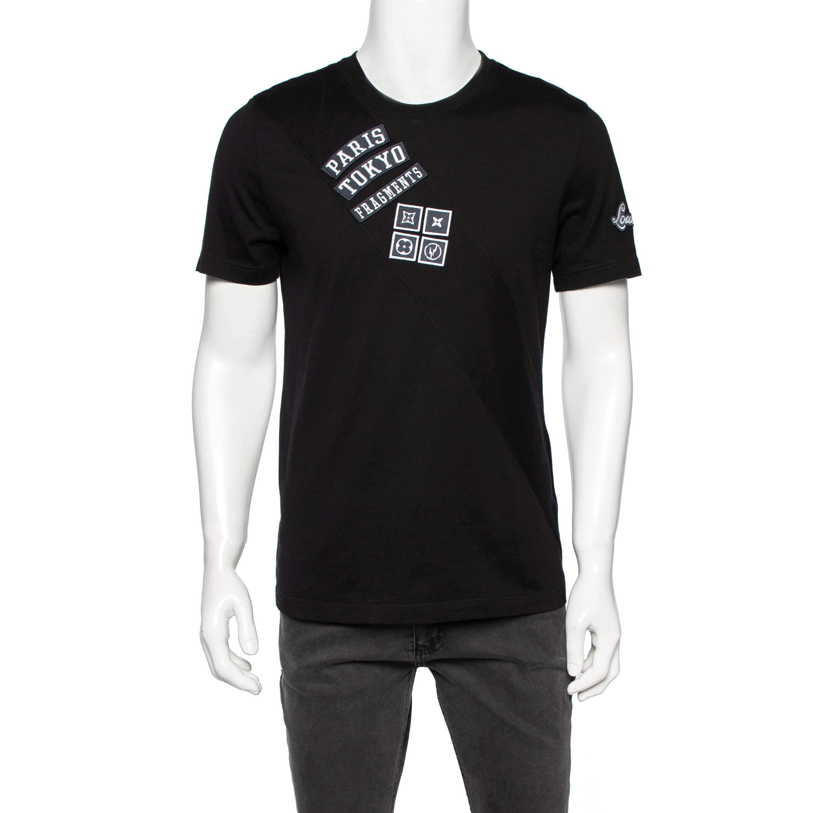 Pre Owned Louis Vuitton Black Cotton Logo Patch Appliqued Short Sleeve T-Shirt L