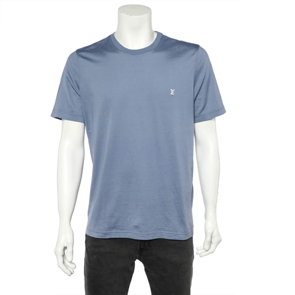 Pre Owned Louis Vuitton Light Blue Cotton Logo Embroidered Crewneck T-Shirt XL