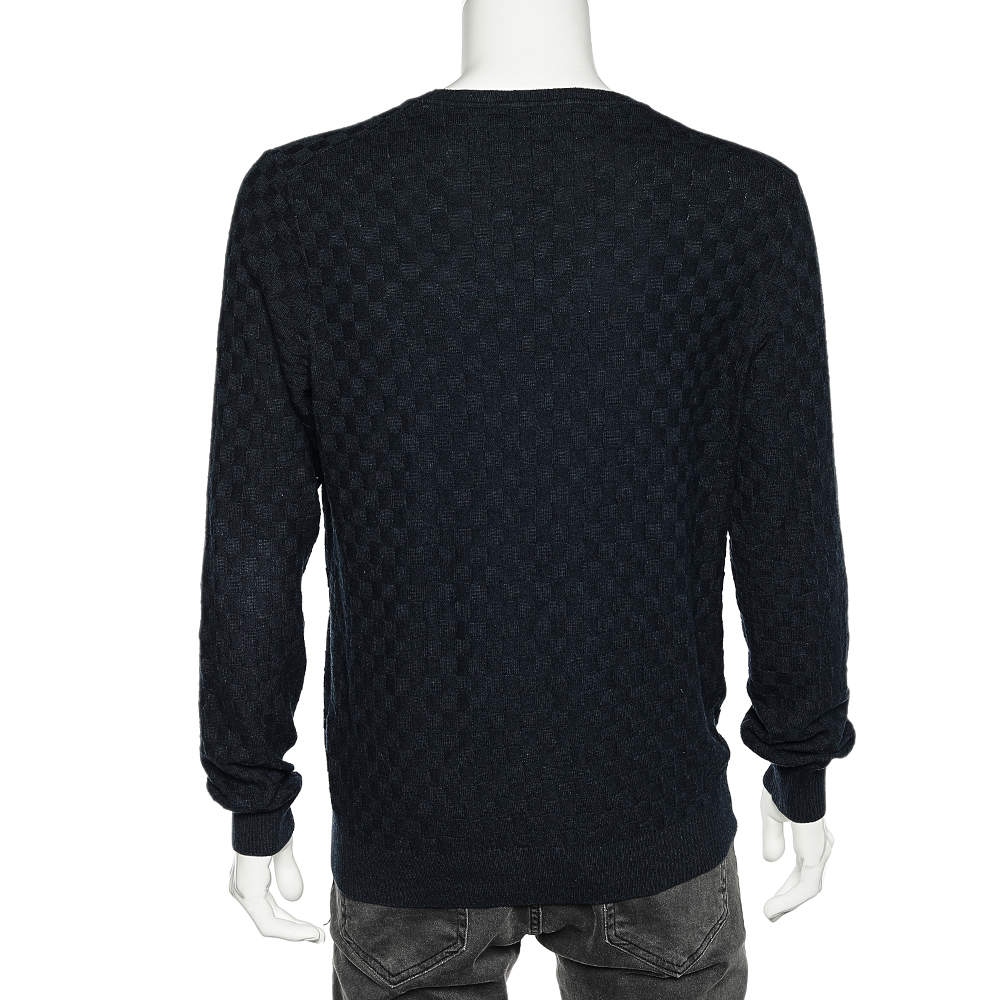 Louis Vuitton Navy Blue Damier Knit Crewneck Sweater M Louis Vuitton