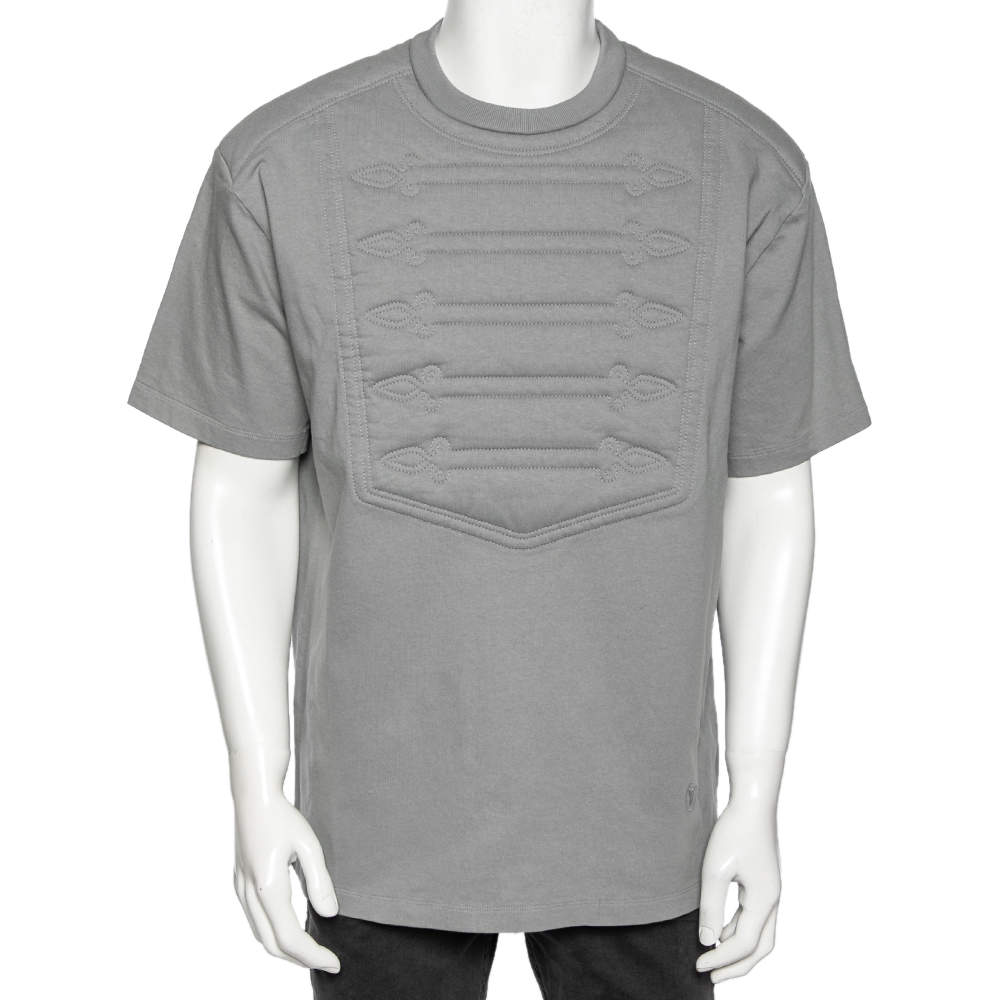 Pre Owned Louis Vuitton Grey Cotton Padded Embroidered Plastron Crew Neck T-Shirt XL