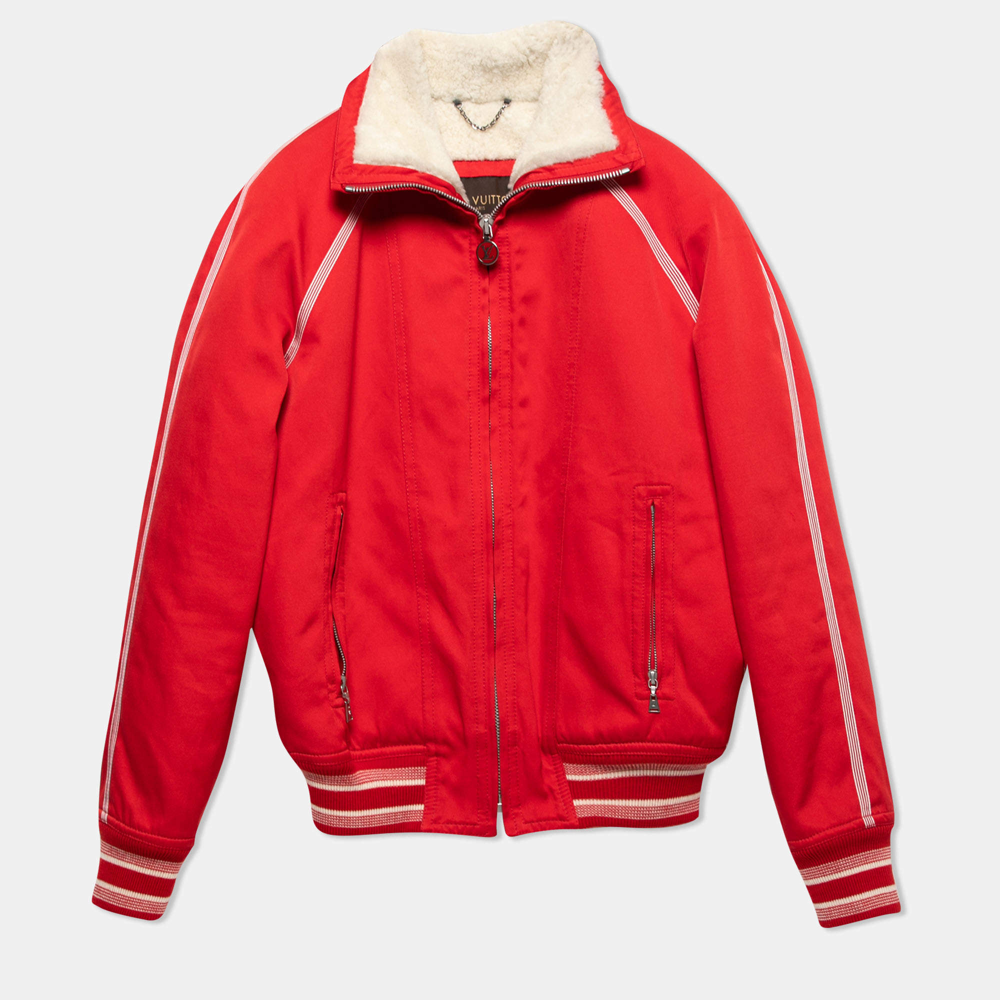 مملوكة مسبقًا Louis Vuitton Red Cotton & Shearling Lined Zip Front Bomber Jacket S