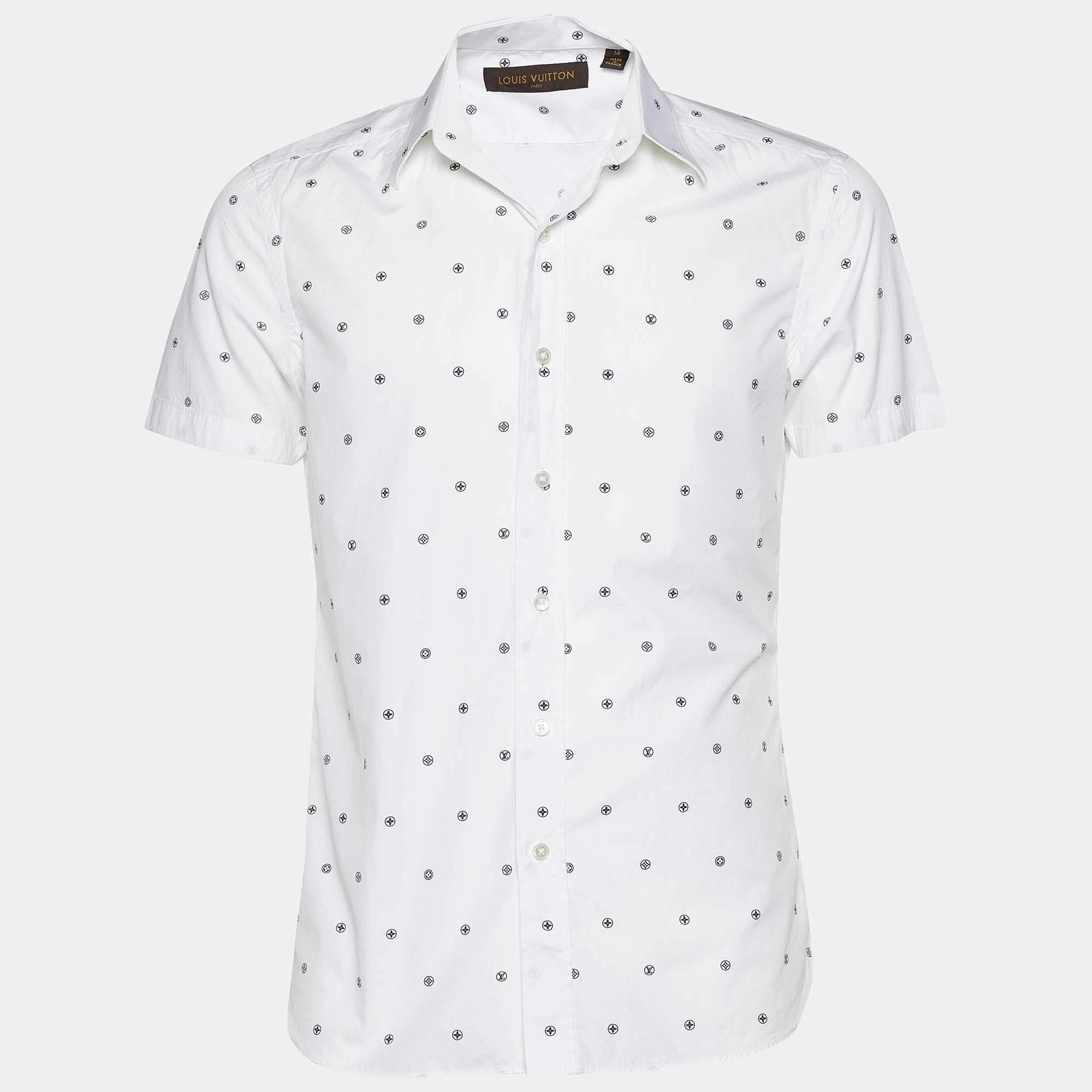 Louis Vuitton White Monogram Print Cotton Short Sleeve Shirt M