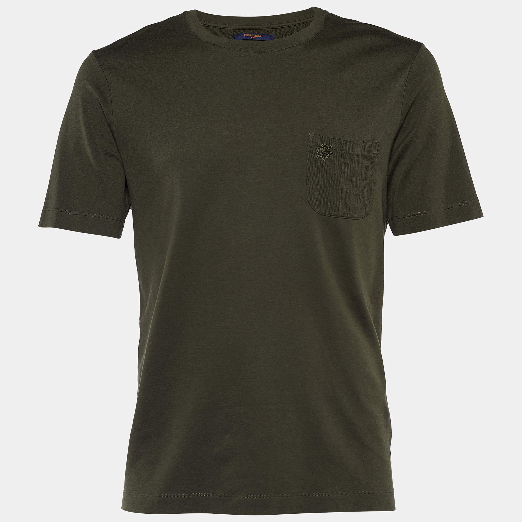 Pre Owned Louis Vuitton Dark Green Cotton Damier Pocket Detail Crew Neck T-Shirt XL
