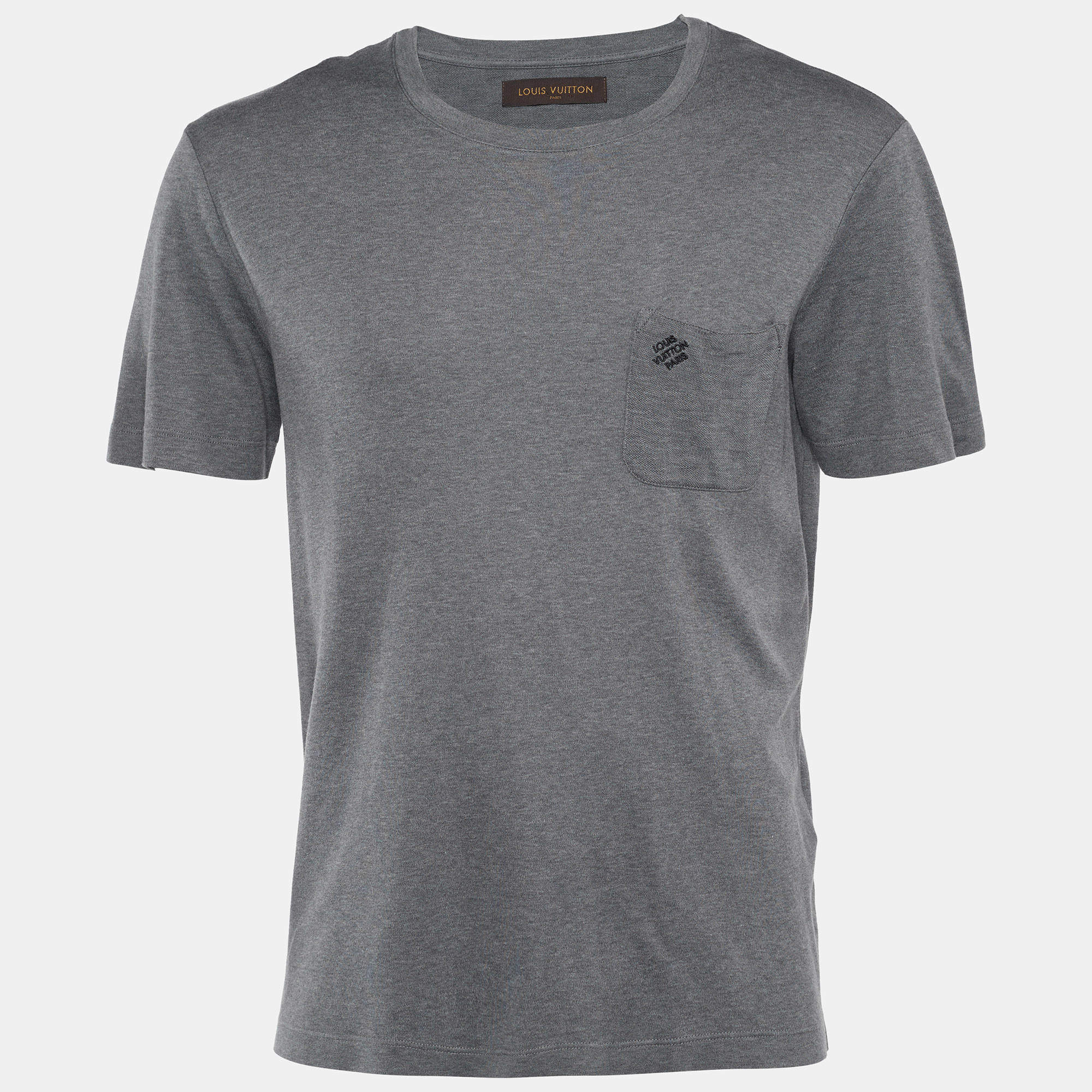 Pre Owned Louis Vuitton Grey Cotton Damier Pocket Detail Crew Neck T-Shirt L