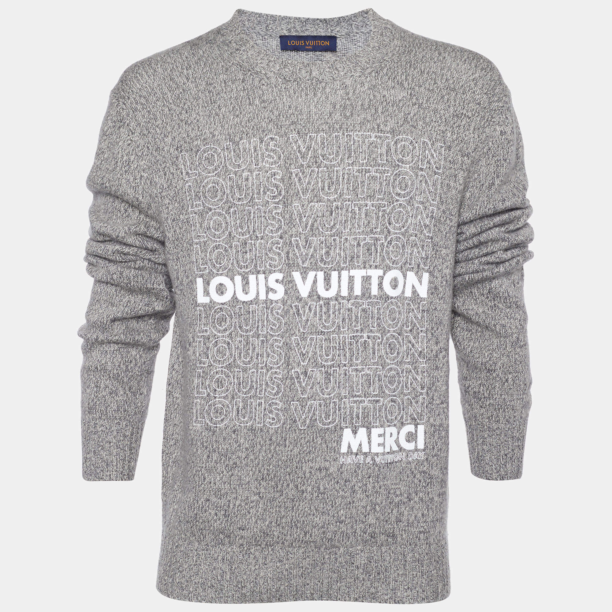 Pre Owned جامبر لوي فيتون قطن كشمير مخلوط طباعة الشعار رصاصي مقاس كبير - لارج