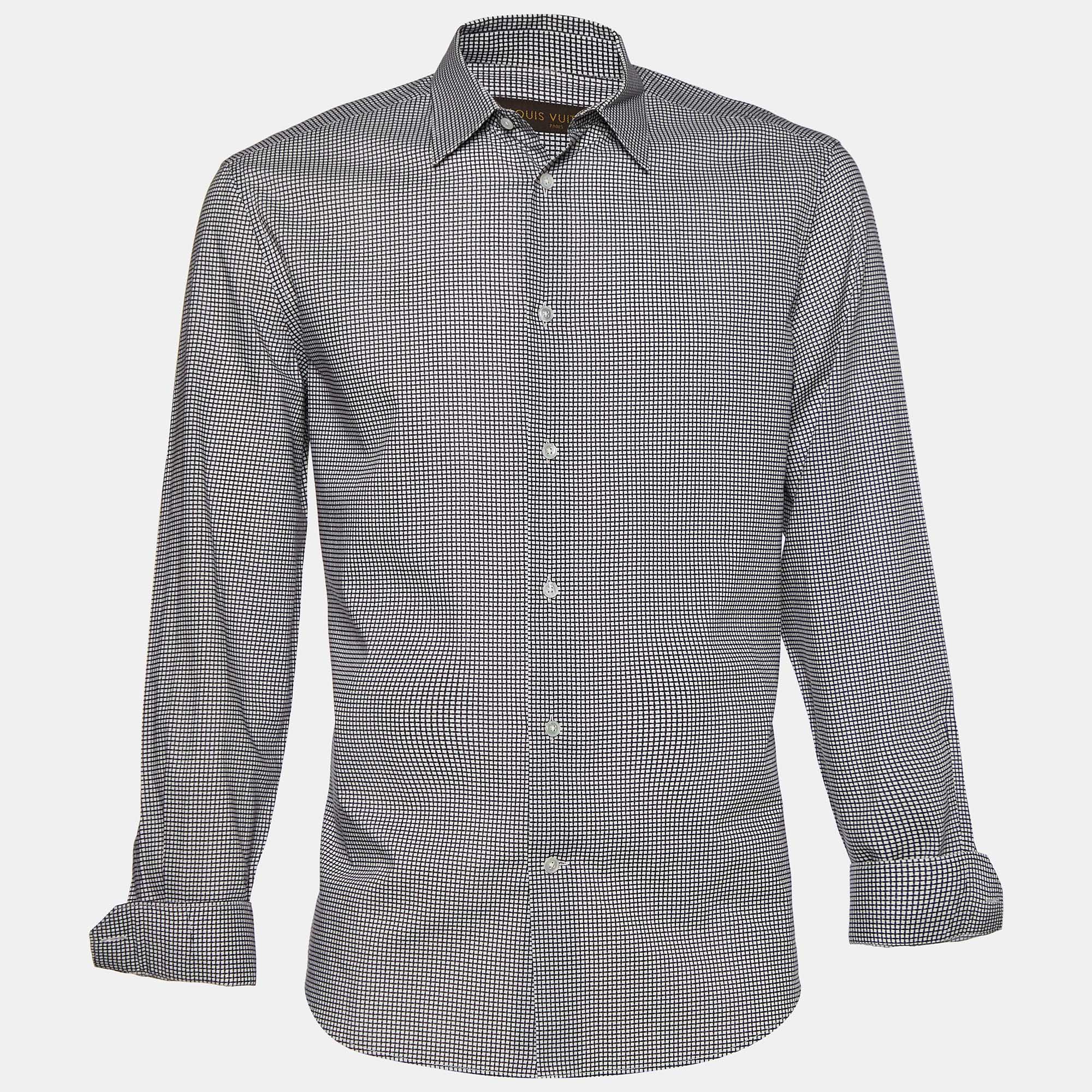 مملوكة مسبقًا قميص لوي فيتون قطن مونوكرومي مطبوع بأكمام طويلة مقاس كبير - لارج