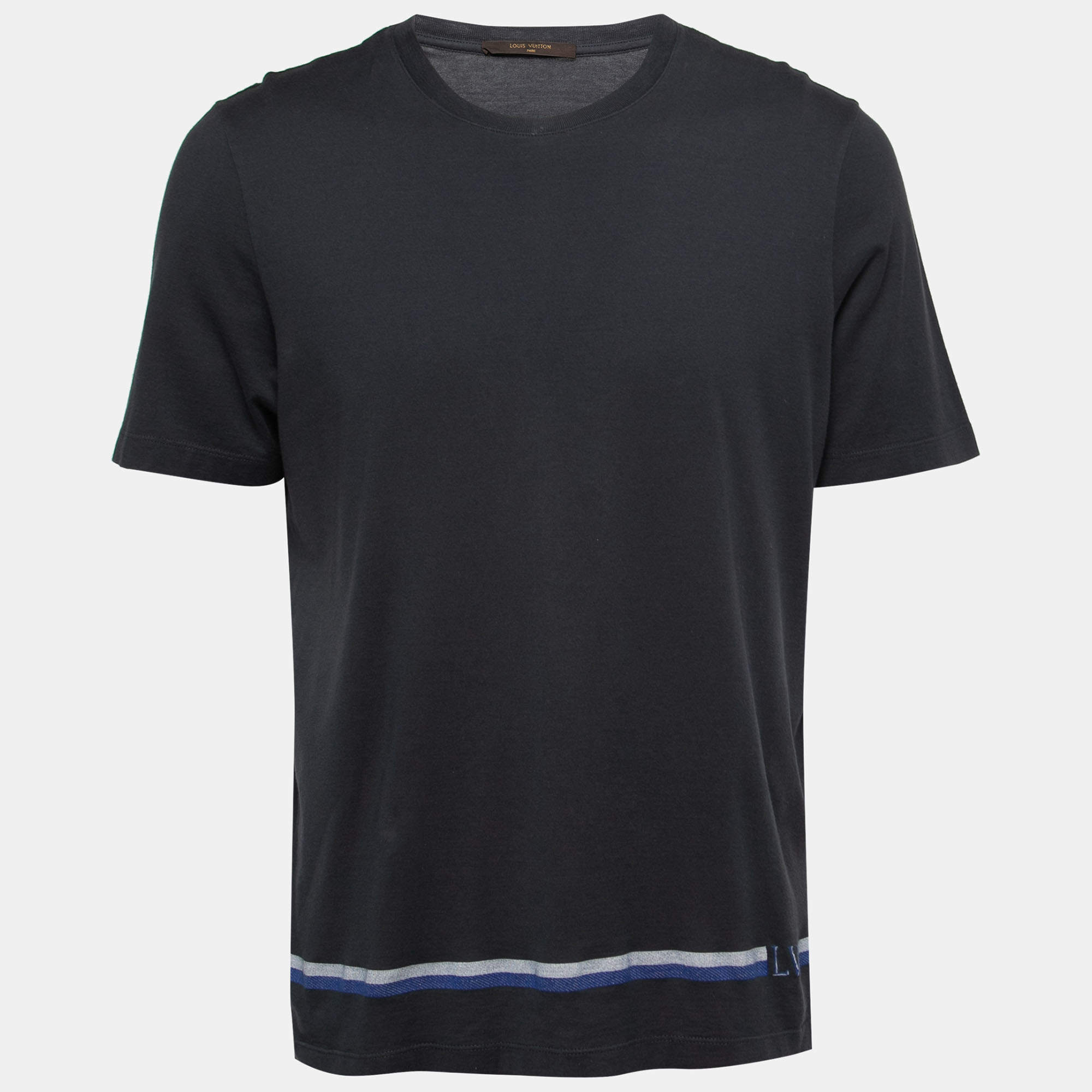 مملوكة مسبقًا Louis Vuitton Dark Grey Cotton Jersey Stripe Detail T-Shirt XL