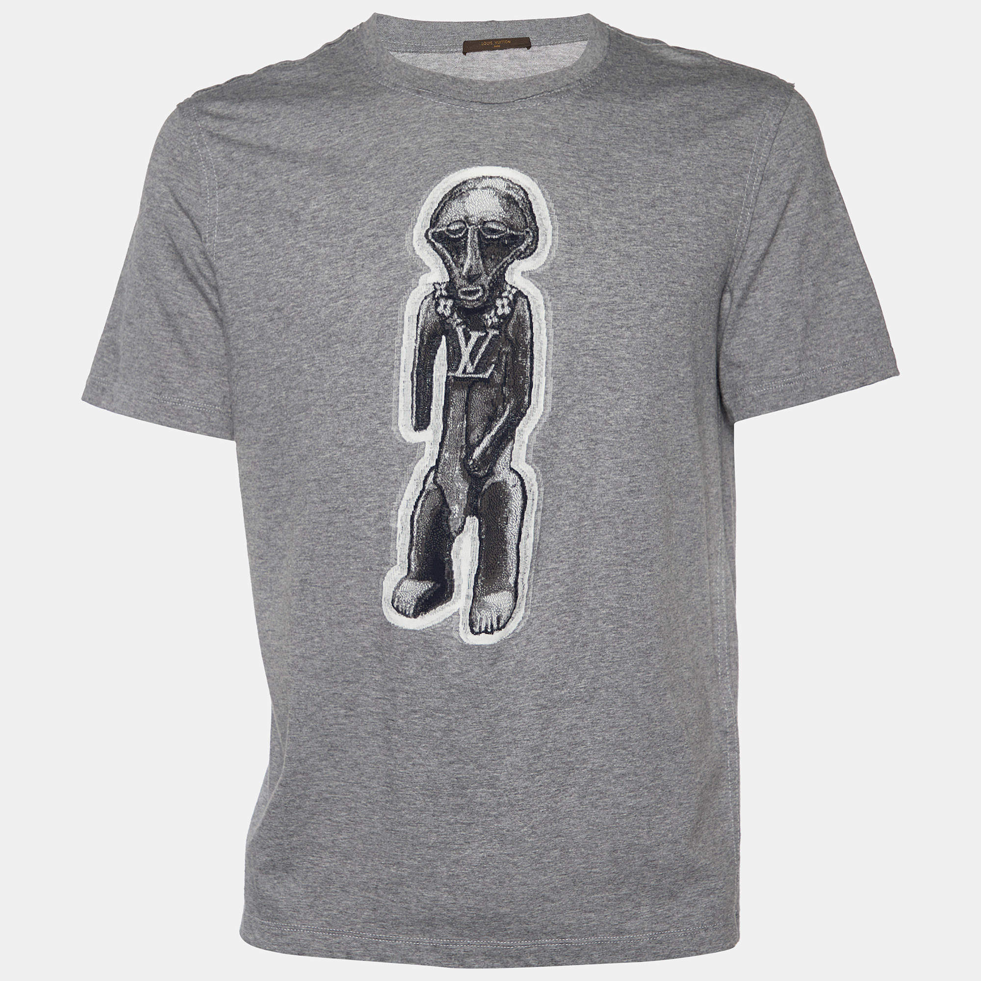 Pre Owned Louis Vuitton Grey Chapman Zulu Statue Printed Cotton Knit T-Shirt L