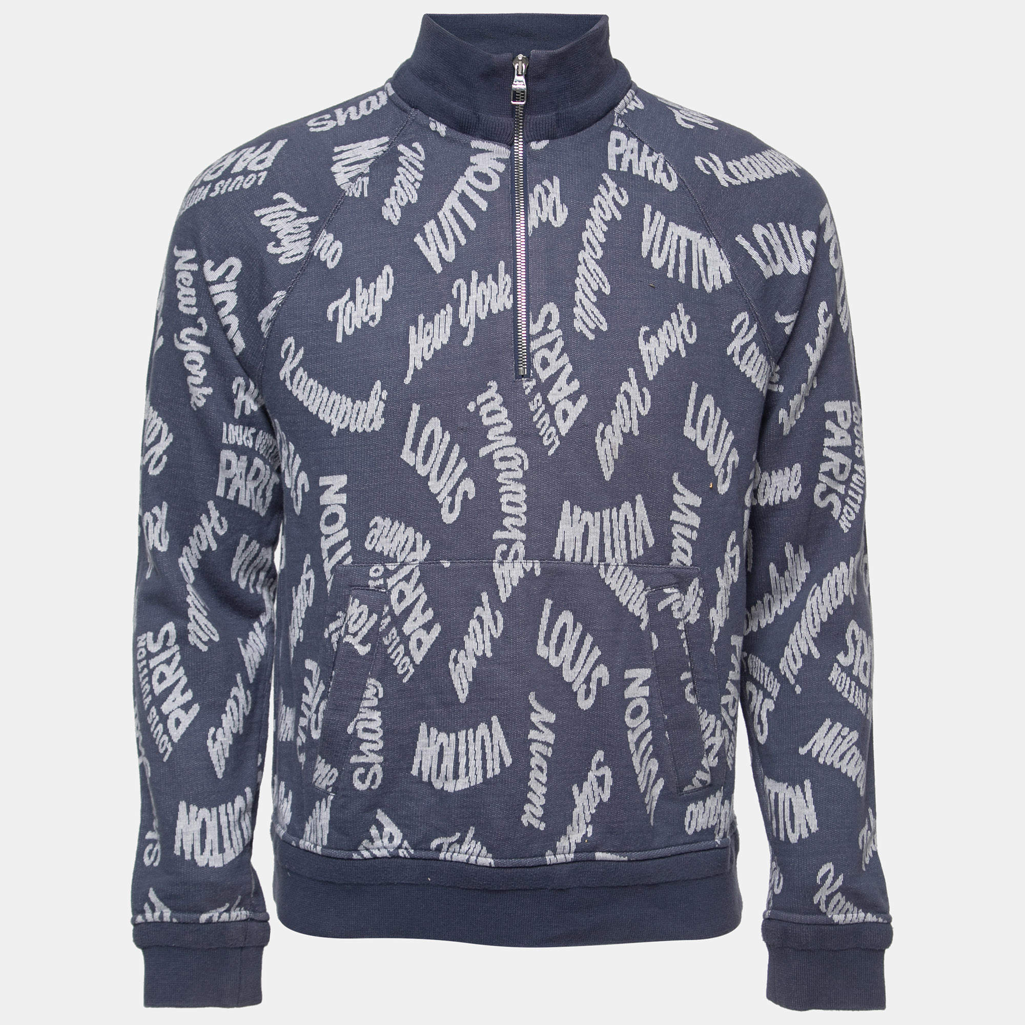Louis Vuitton Blue Cities Jacquard Knit Half Zip Sweater L