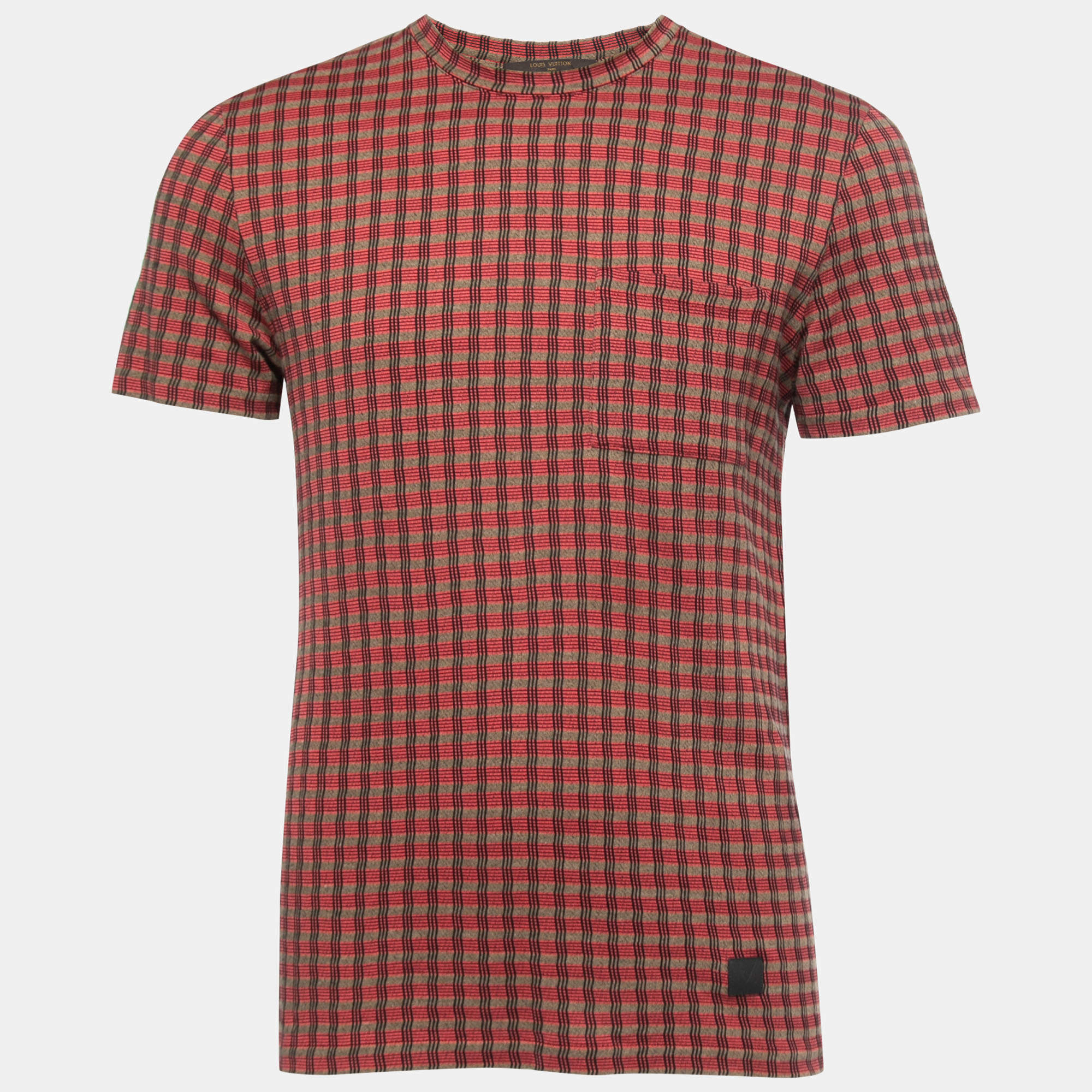 Louis Vuitton Red Patterned Cotton Knit Crew Neck Half Sleeve T-Shirt S