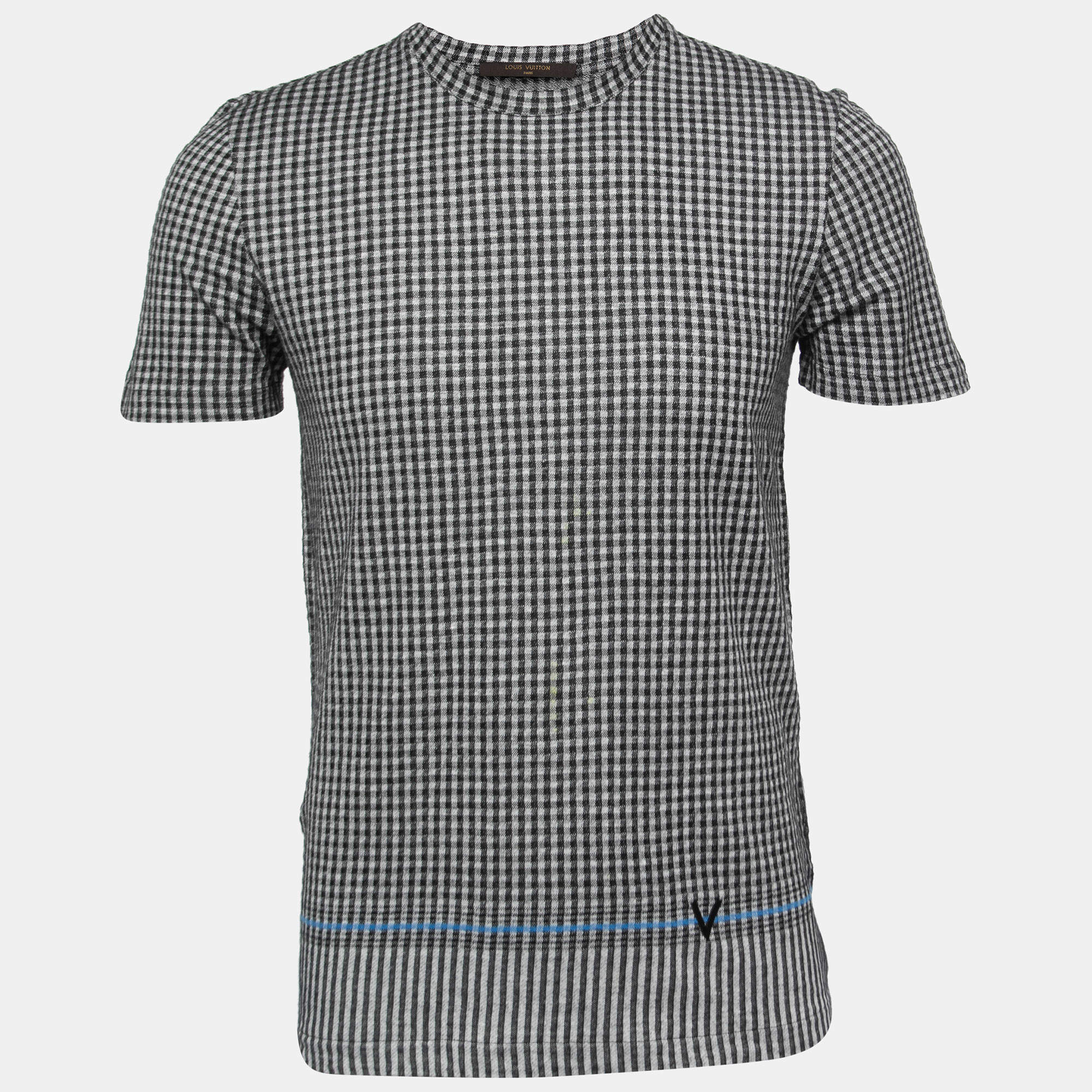 Louis Vuitton Black/White Checked Linen Blend Half Sleeve T-Shirt S