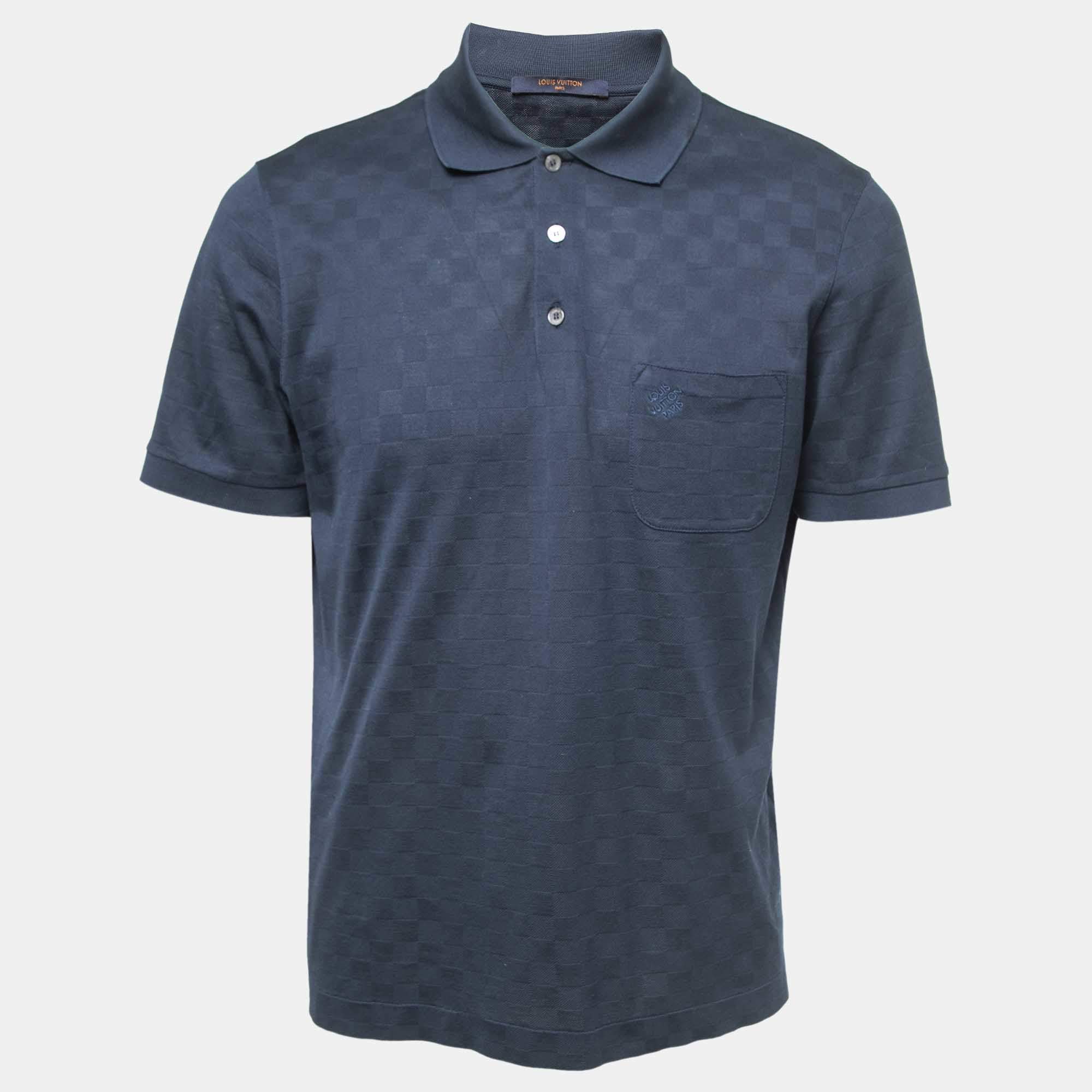 Pre Owned Louis Vuitton Navy Blue Damier Cotton Polo T-Shirt L