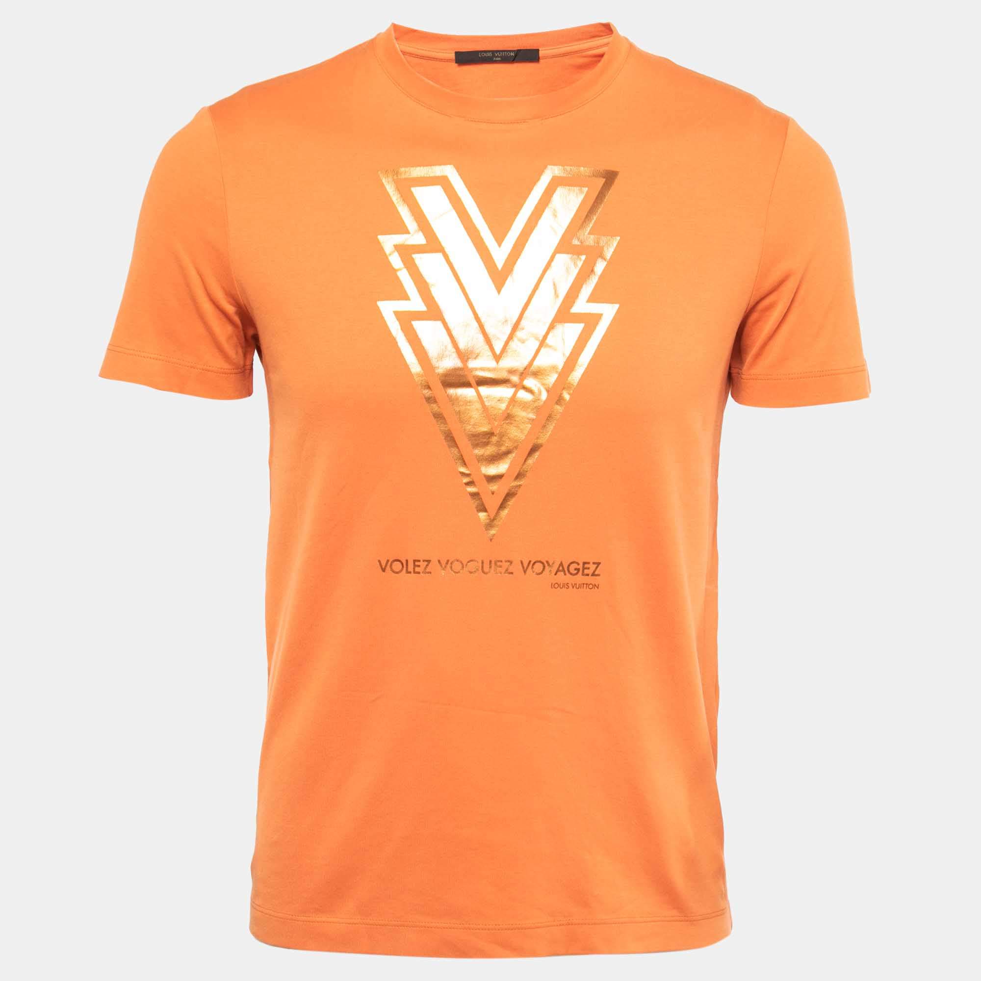 Pre Owned Louis Vuitton Orange Logo Printed Cotton Knit T-Shirt S