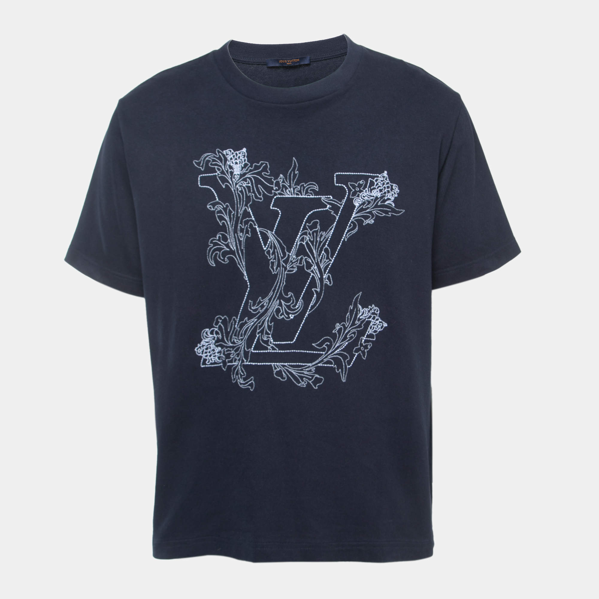 Louis Vuitton Blue Logo Embroidered Cotton Crew Neck Half Sleeve T-Shirt S  - ShopStyle