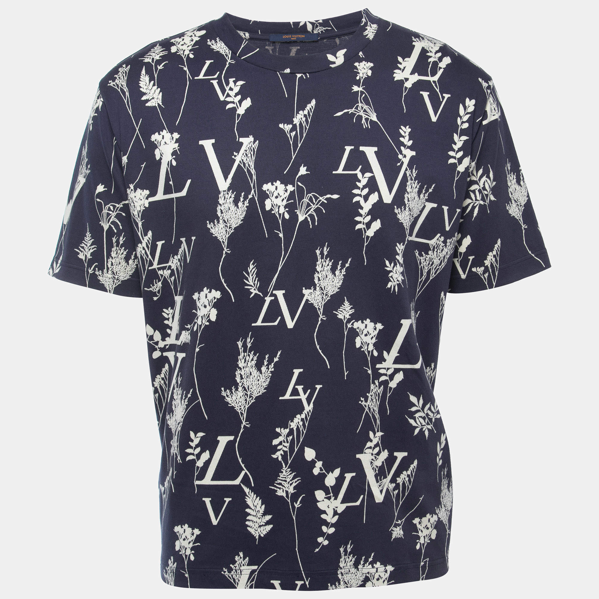 Louis Vuitton Navy Blue Logo Leaf Print Cotton Crew Neck Half Sleeve T-Shirt XL