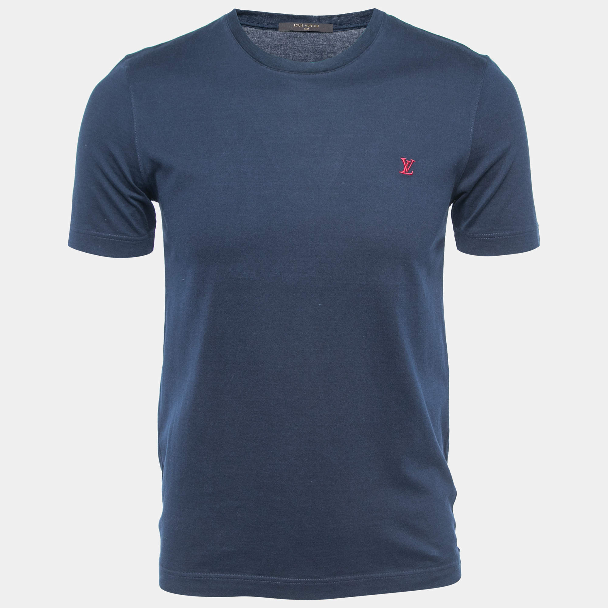 مملوكة مسبقًا Louis Vuitton Navy Blue Logo Embroidered Cotton Crew Neck Half Sleeve T-Shirt S