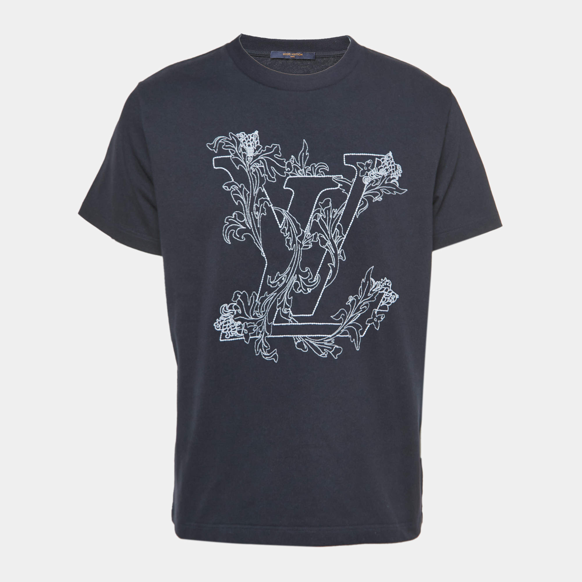 Pre Owned Louis Vuitton Navy Blue Logo Embroidered Cotton Crew Neck Half Sleeve T-Shirt XS
