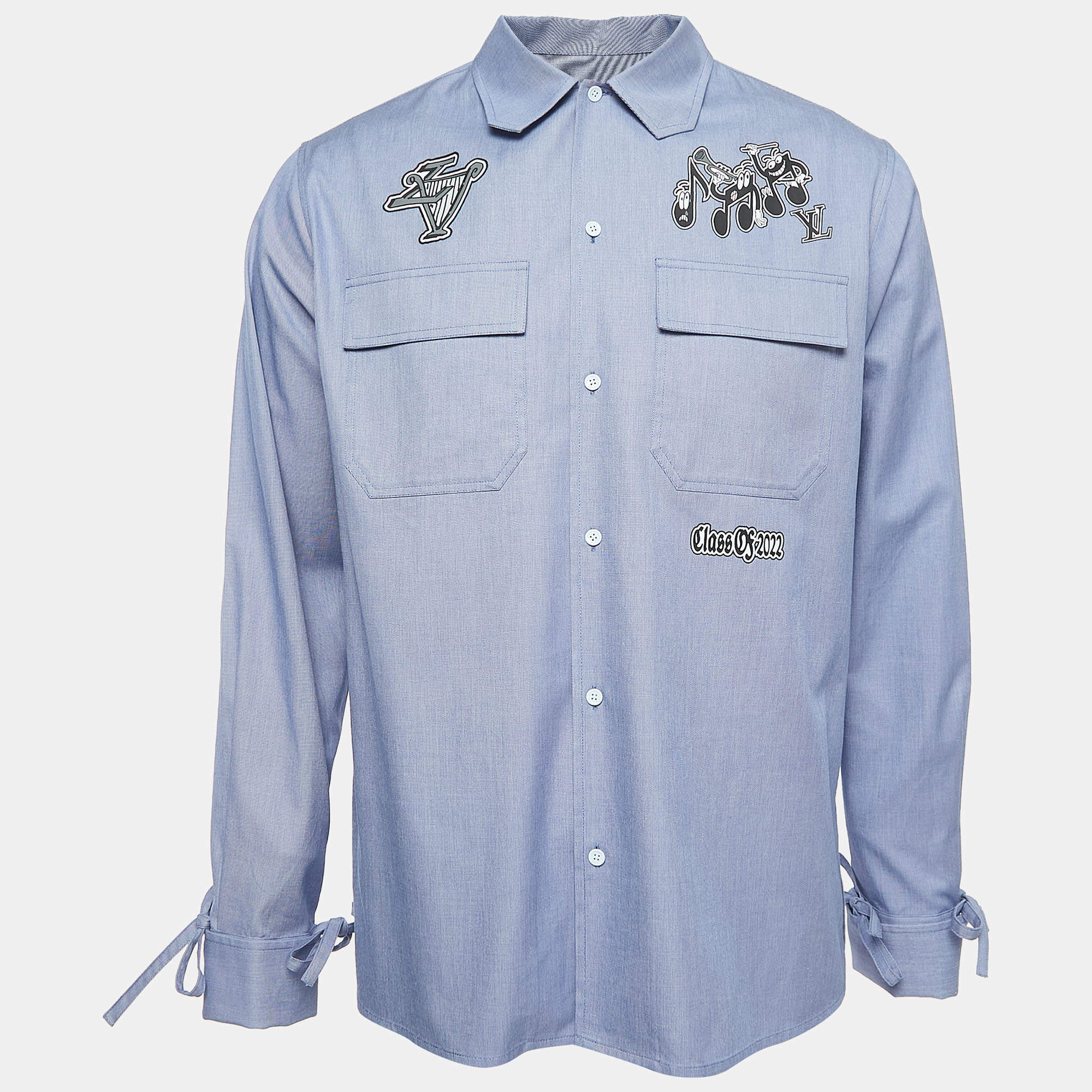 مملوكة مسبقًا Louis Vuitton Blue Cotton Music Patched Button Front Shirt M