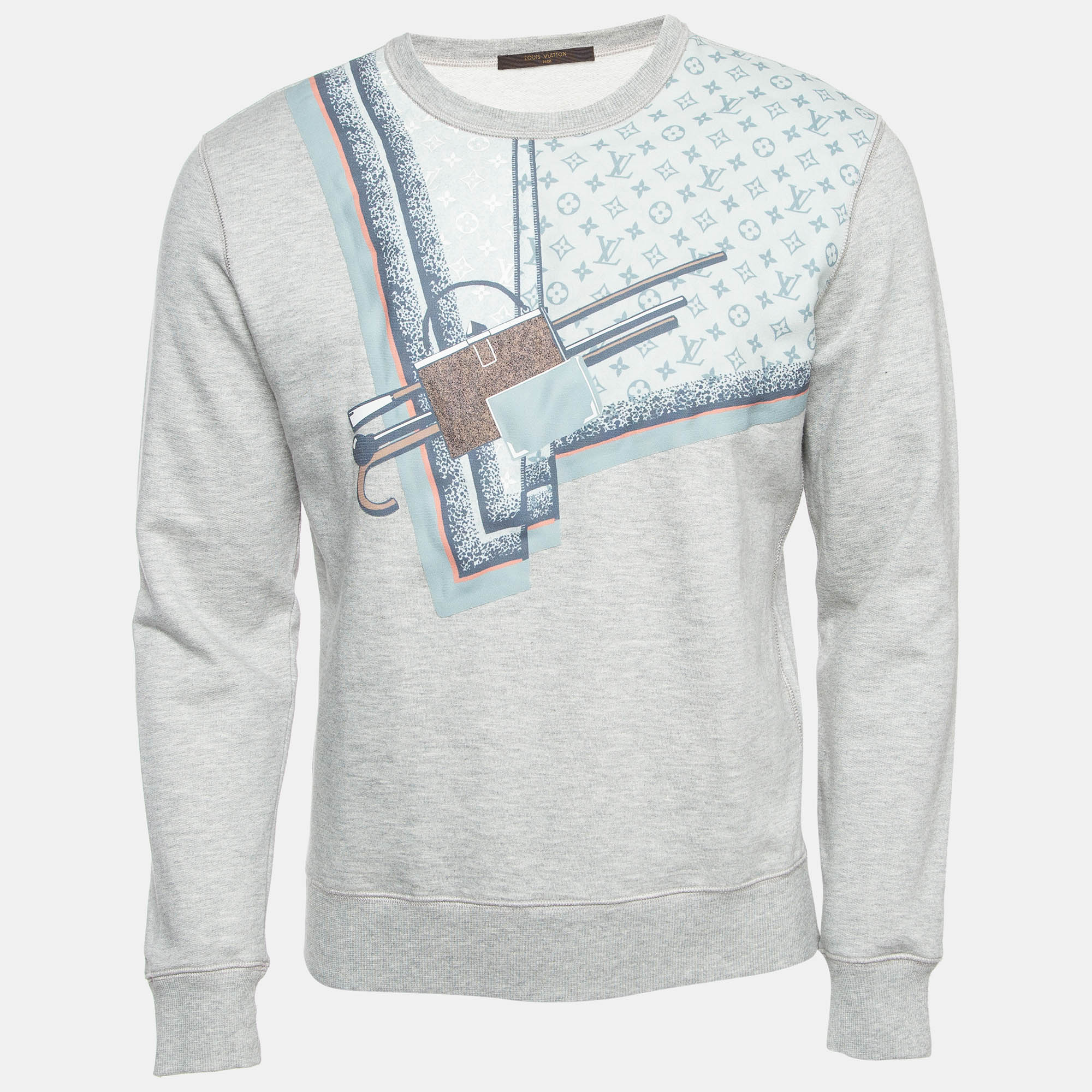 Pre Owned Louis Vuitton Grey Graphic Cotton Blend Crew Neck Sweater S