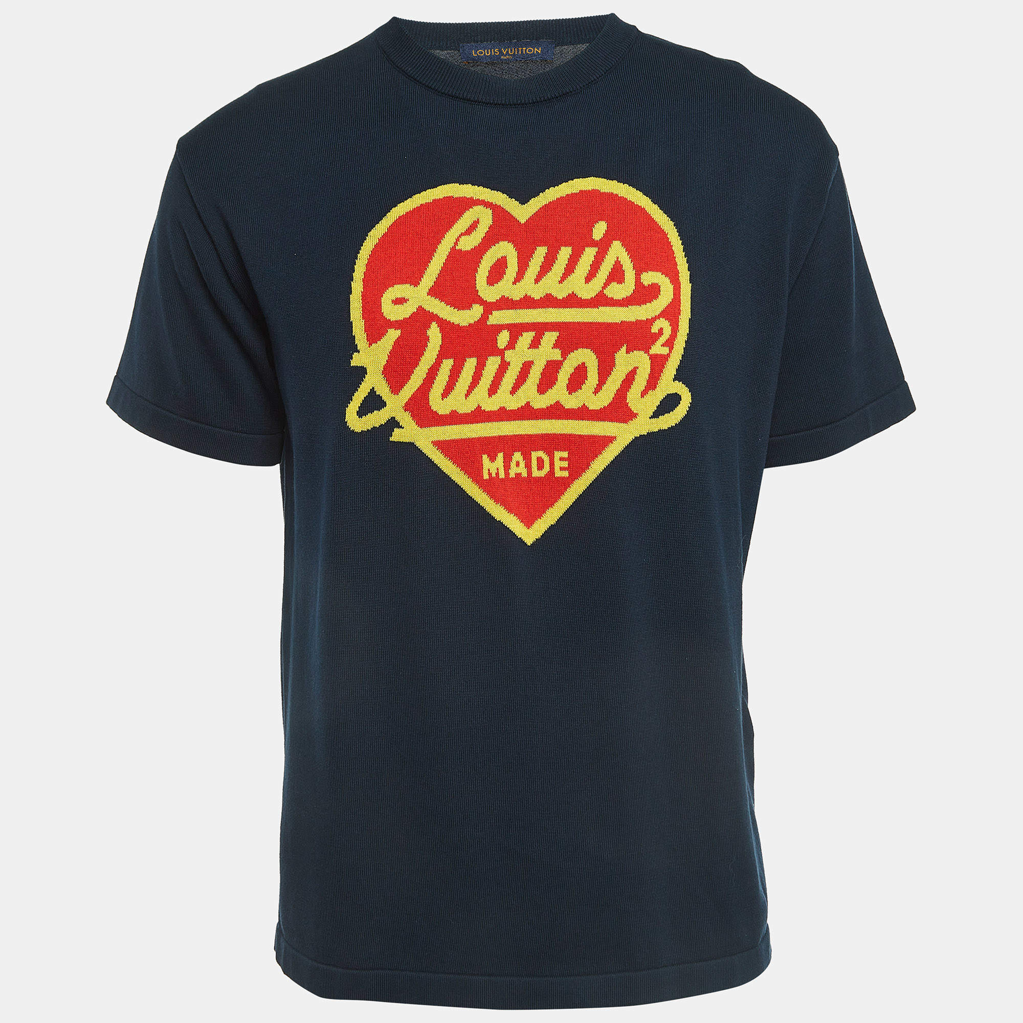 Louis Vuitton Navy Blue Heart Intarsia Cotton Crew Neck T-Shirt M