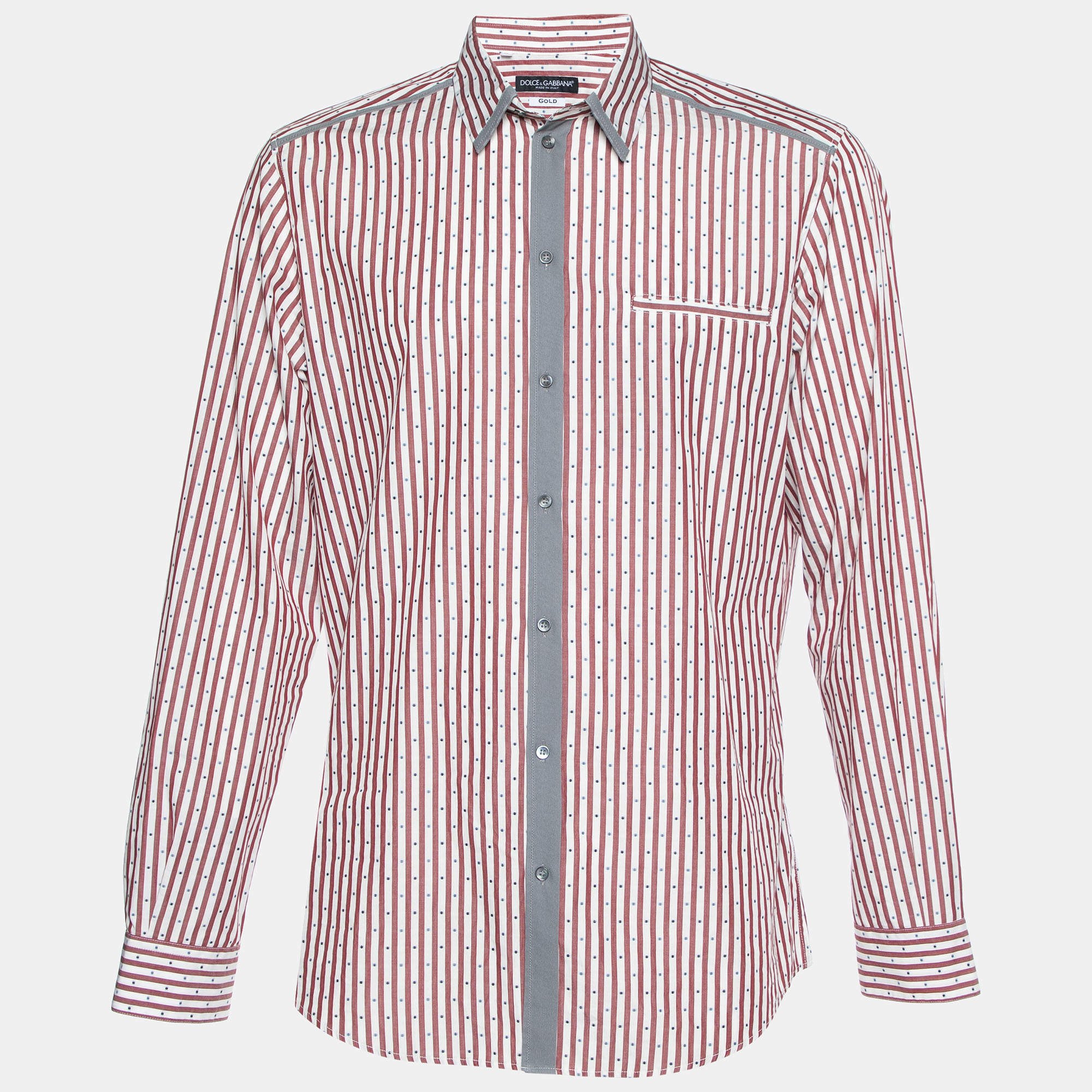 Dolce & Gabbana White/Red Striped Cotton Gold Fit Shirt XXL